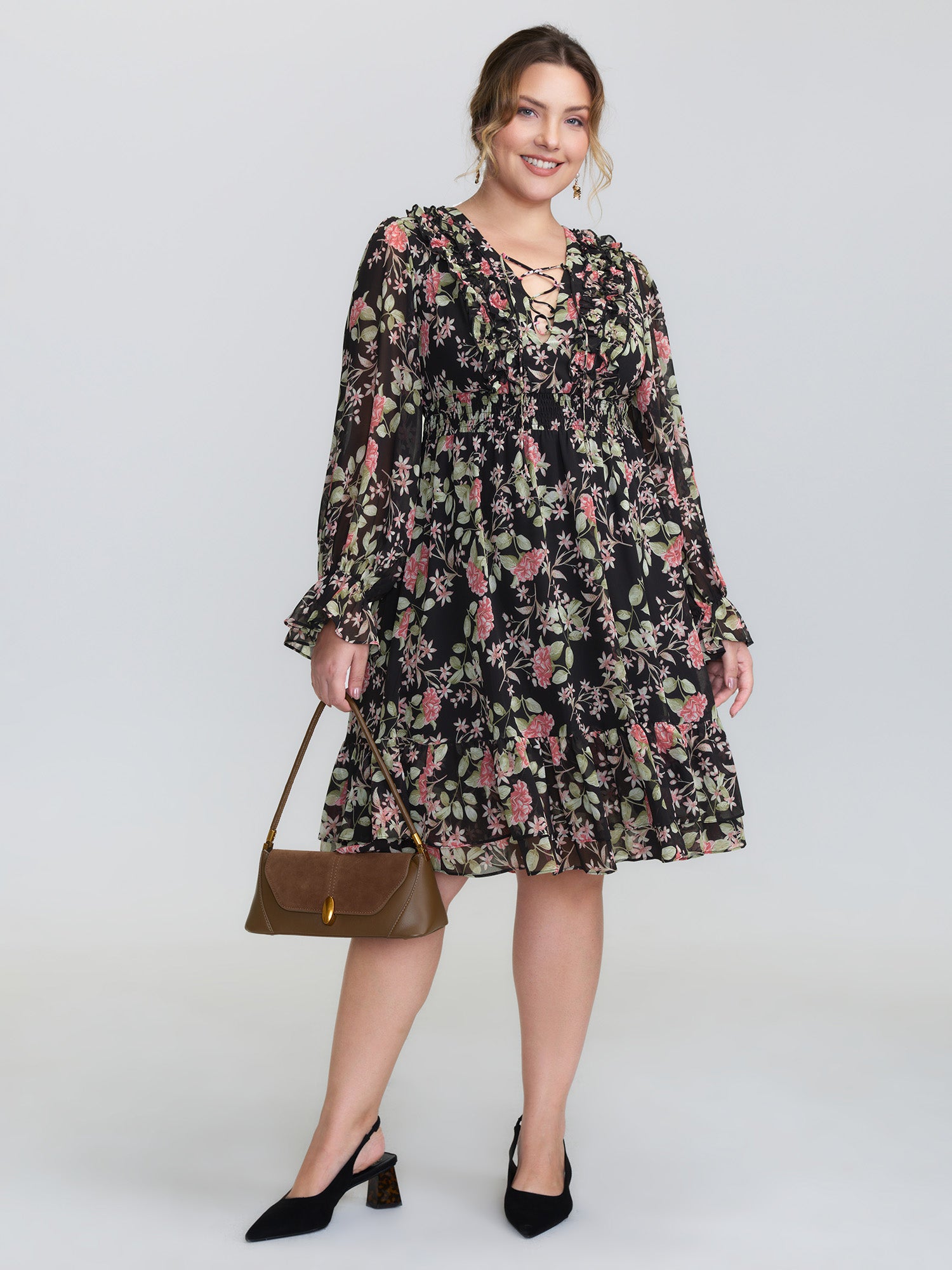 Floral Pockets Adjustable Shirred Midi Dress