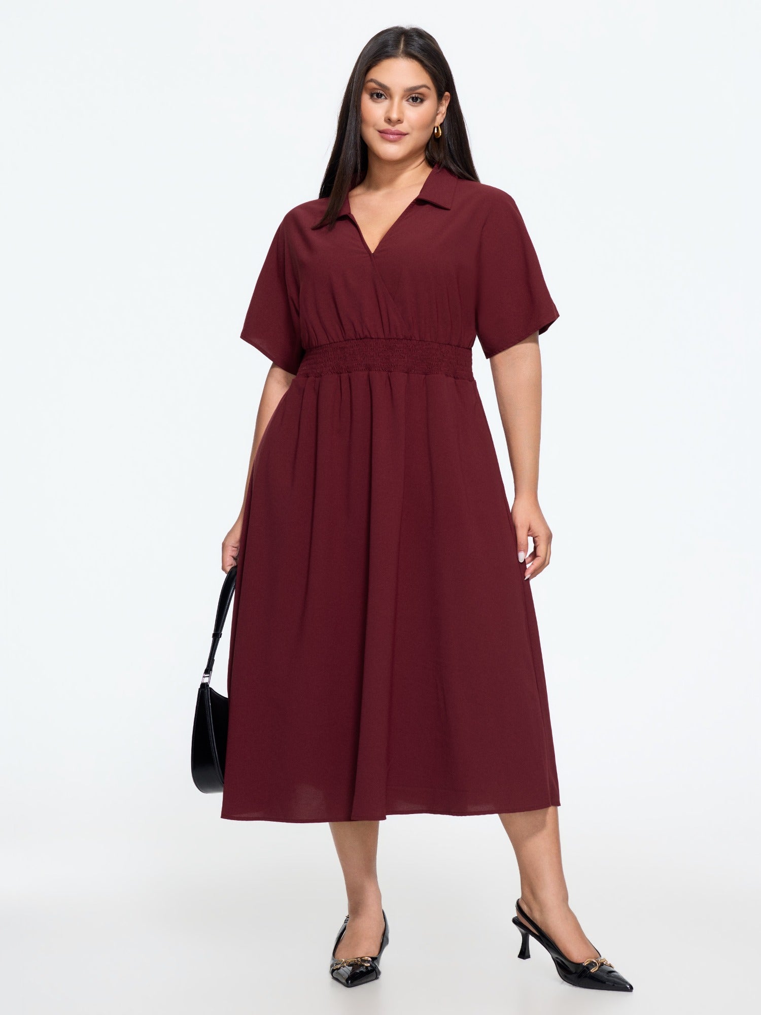 Solid Collared Shirred Waist Midi Dress