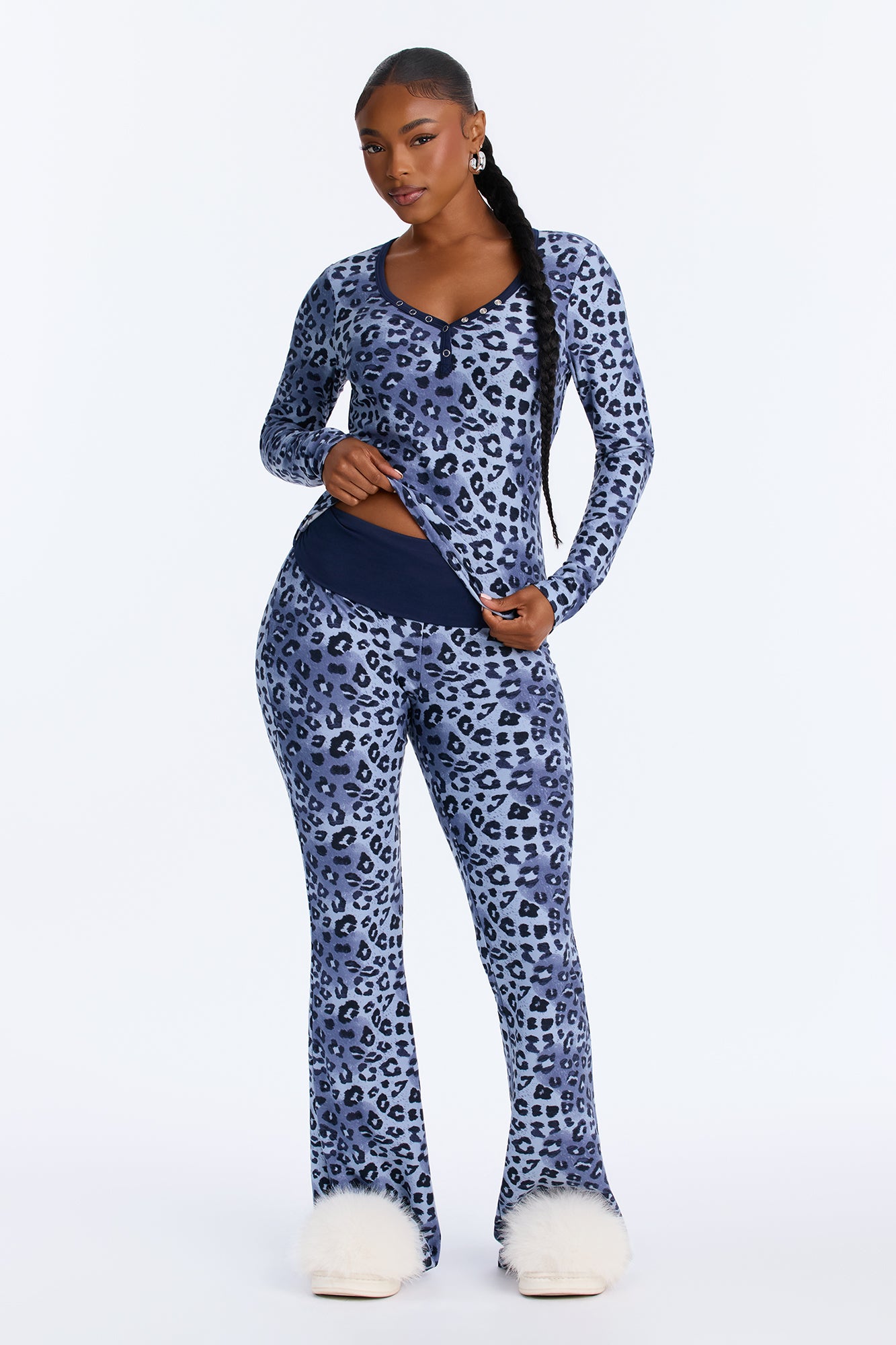Couch Talks Leopard Henley Long Sleeve Wide Leg PJ Pant Set - Blue