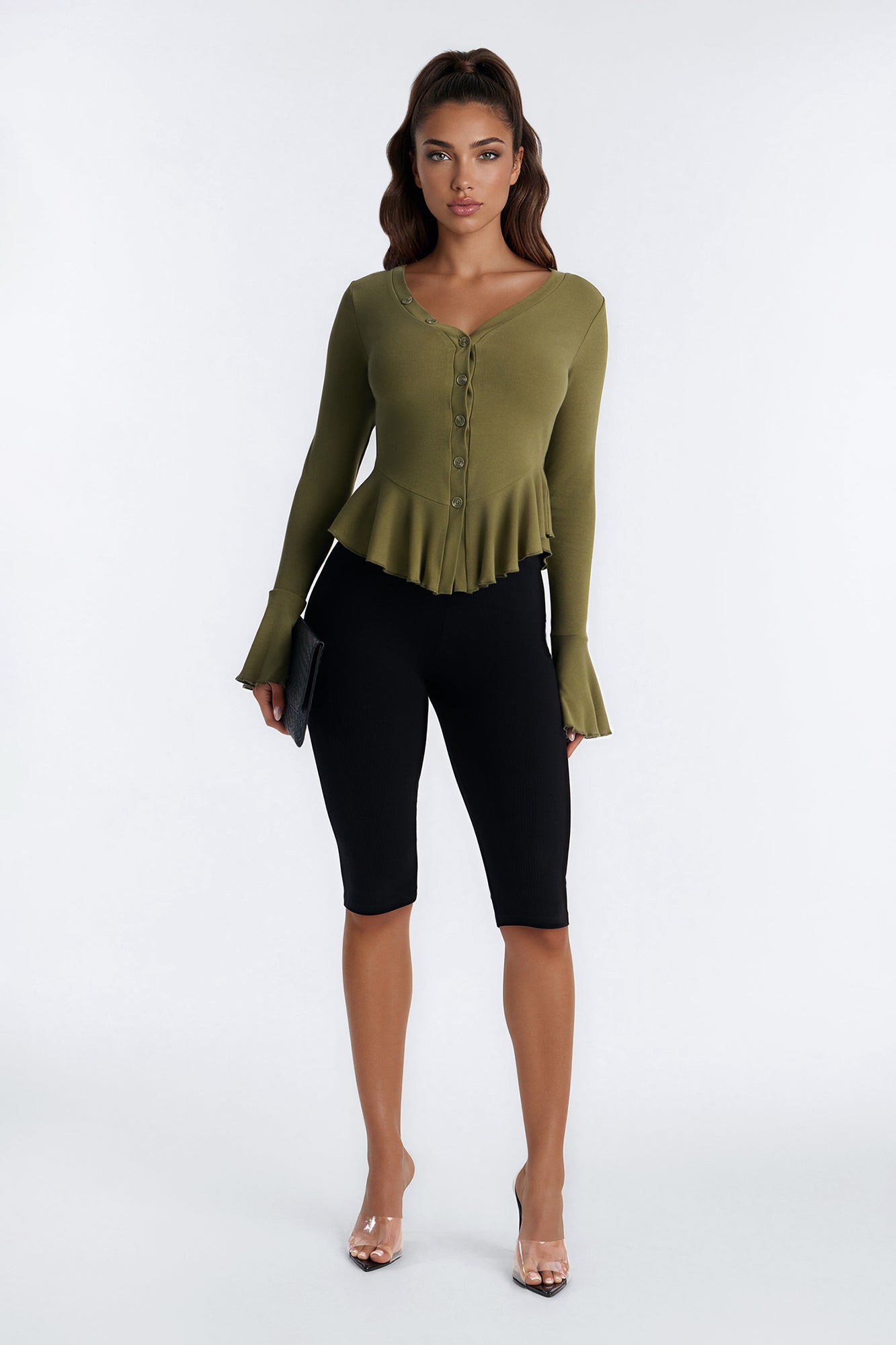 Arrow Long Sleeve Button Up Top - Olive