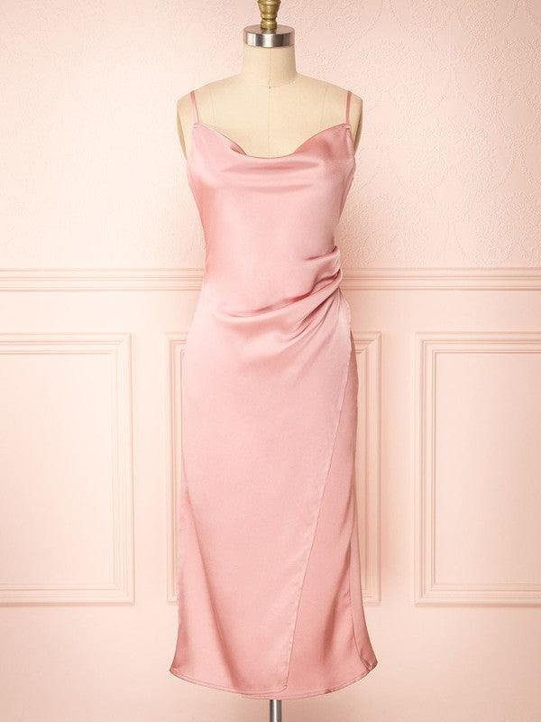Trendy Satin Column Cowl Neck Tea-Length Bridesmaid Dresses