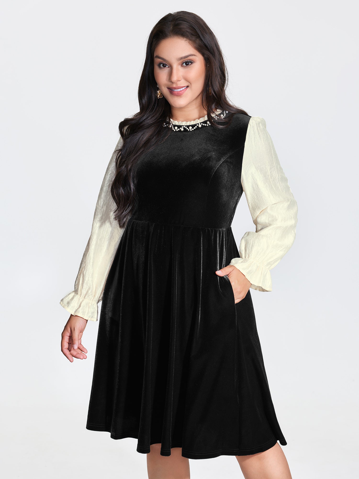 Velvet Contrast Pearl Detail Midi Dress