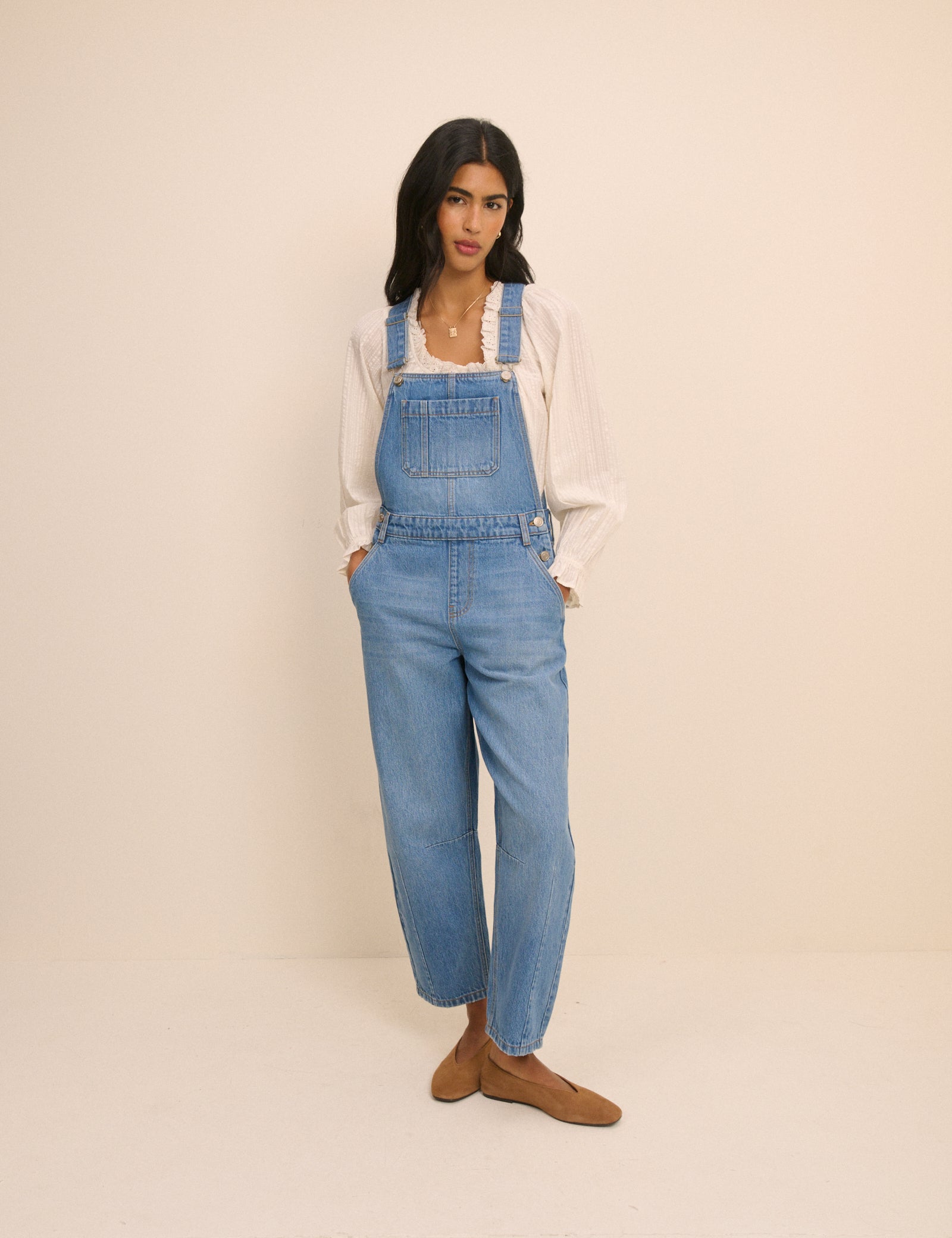 Mid Wash Denim Barrel Leg Dungarees