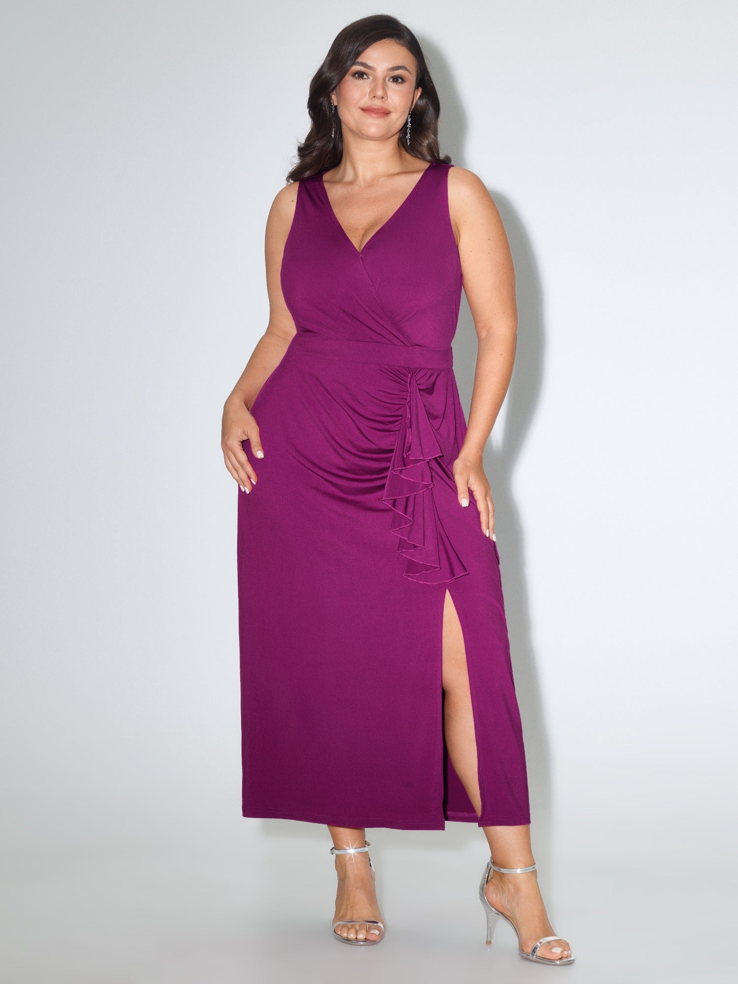 Surplice Neck Side Ruched Slit Bodycon Maxi Dress