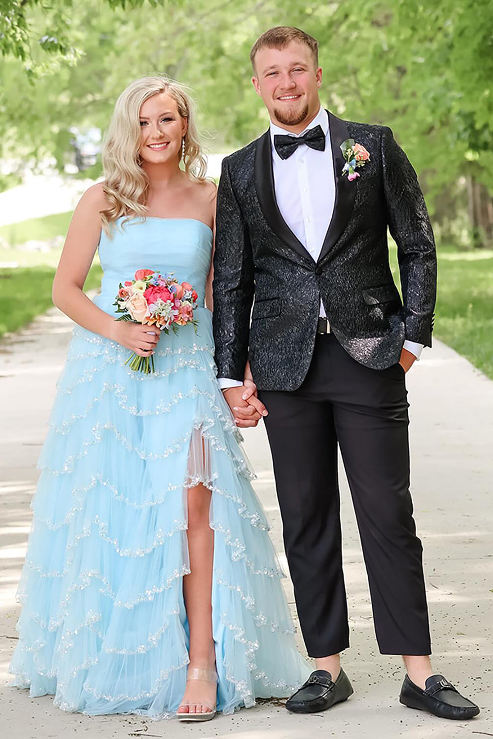 Long Light Blue Sparkly Strapless Prom Dress with Tiered Tulle and Slit