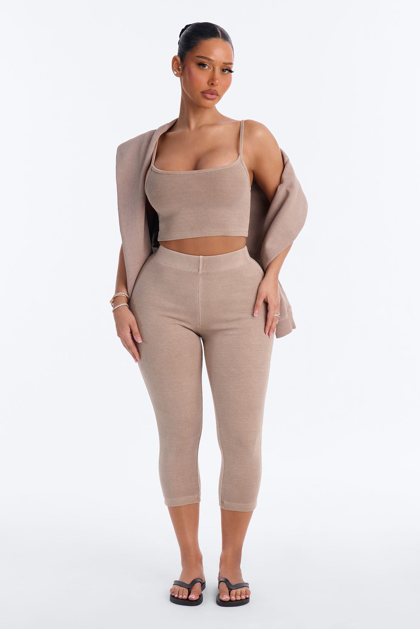 Tony Washed Ribbed Crop Top Capri Set - Washed Stone