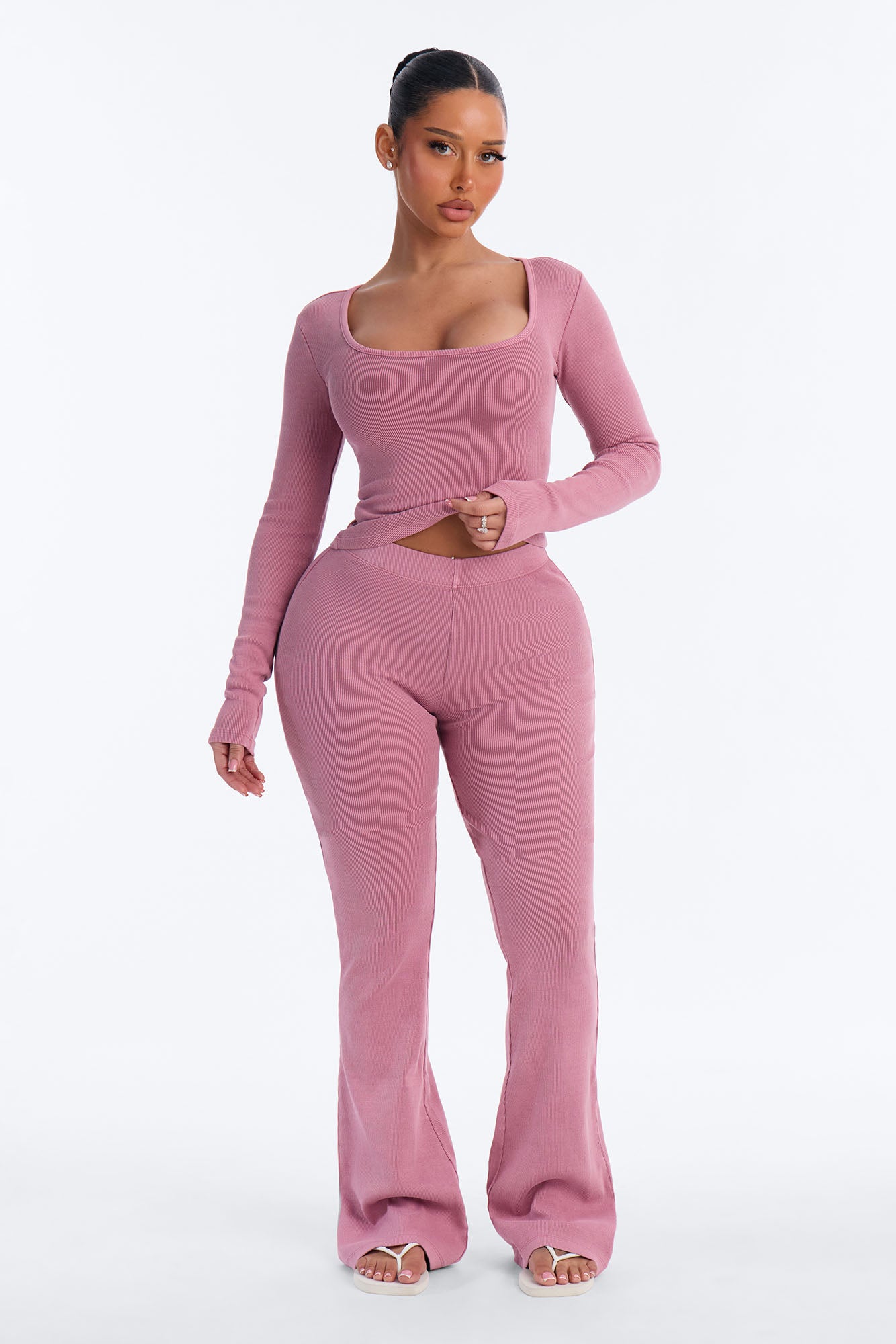 Tony Washed Ribbed Long Sleeve Flare Pant Set - Washed Mauve
