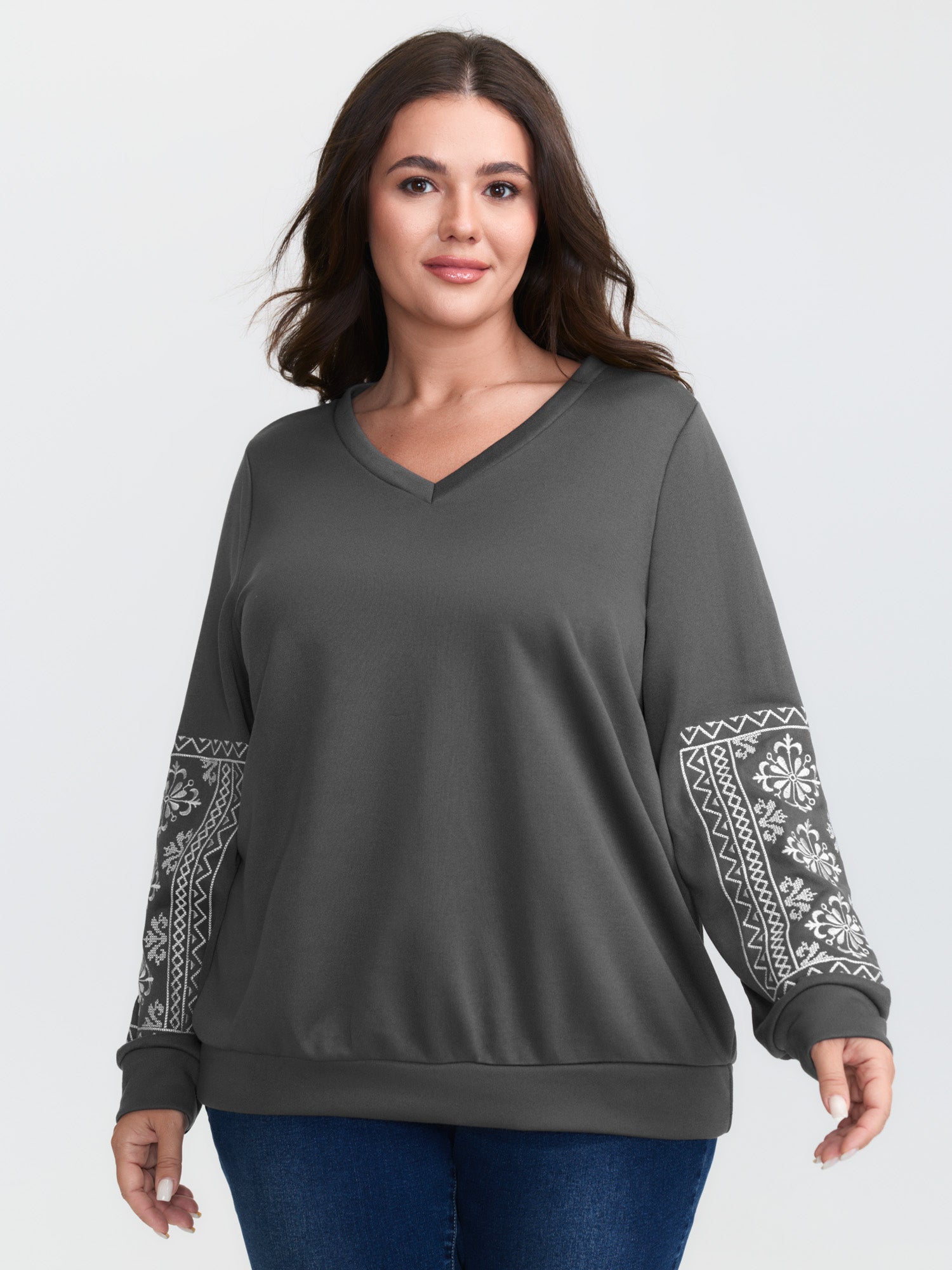 Boho Embroidered Sleeve V-Neck Sweatshirt
