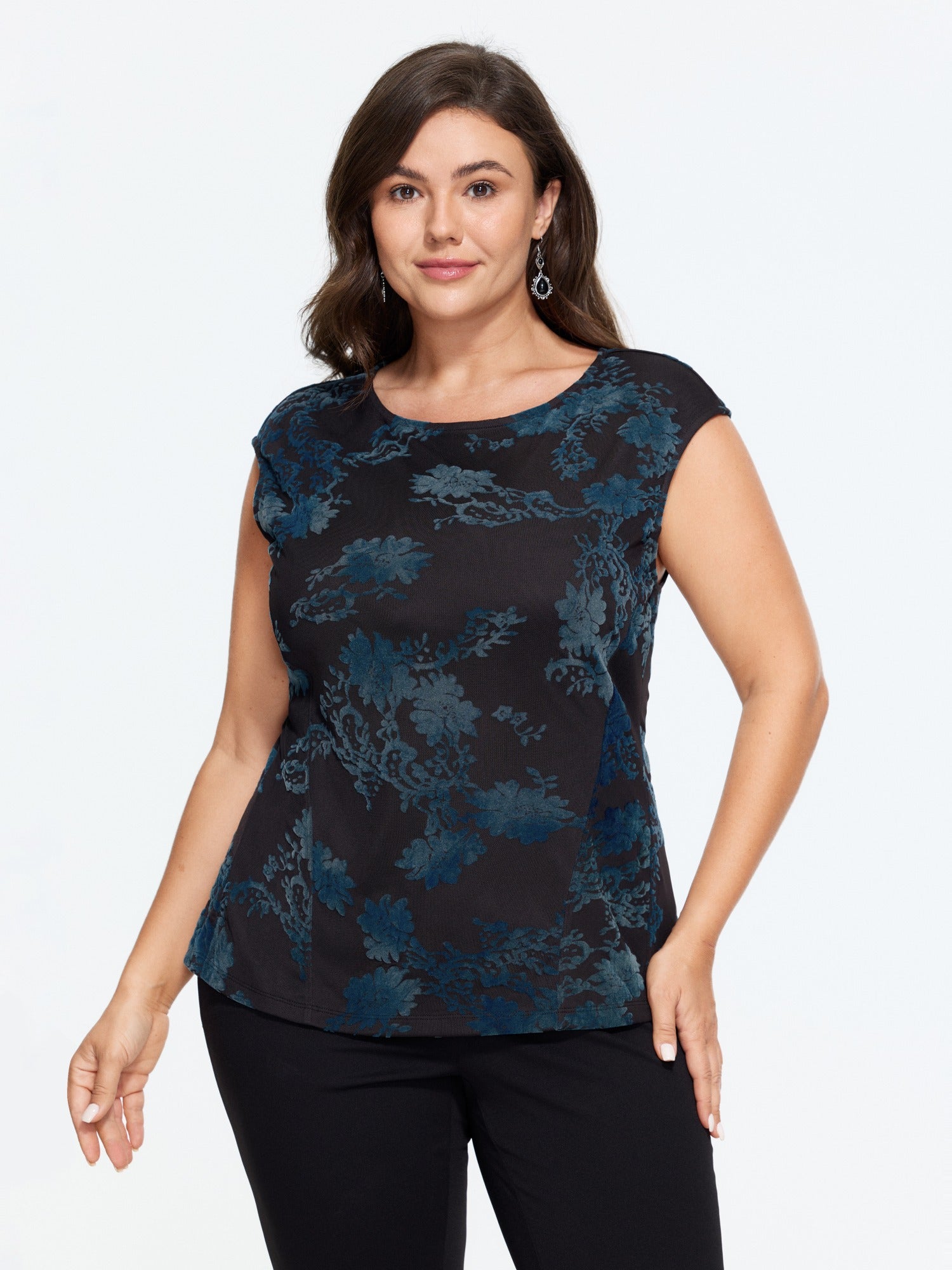 Stretch Flocked Floral Round Neck Tank Top