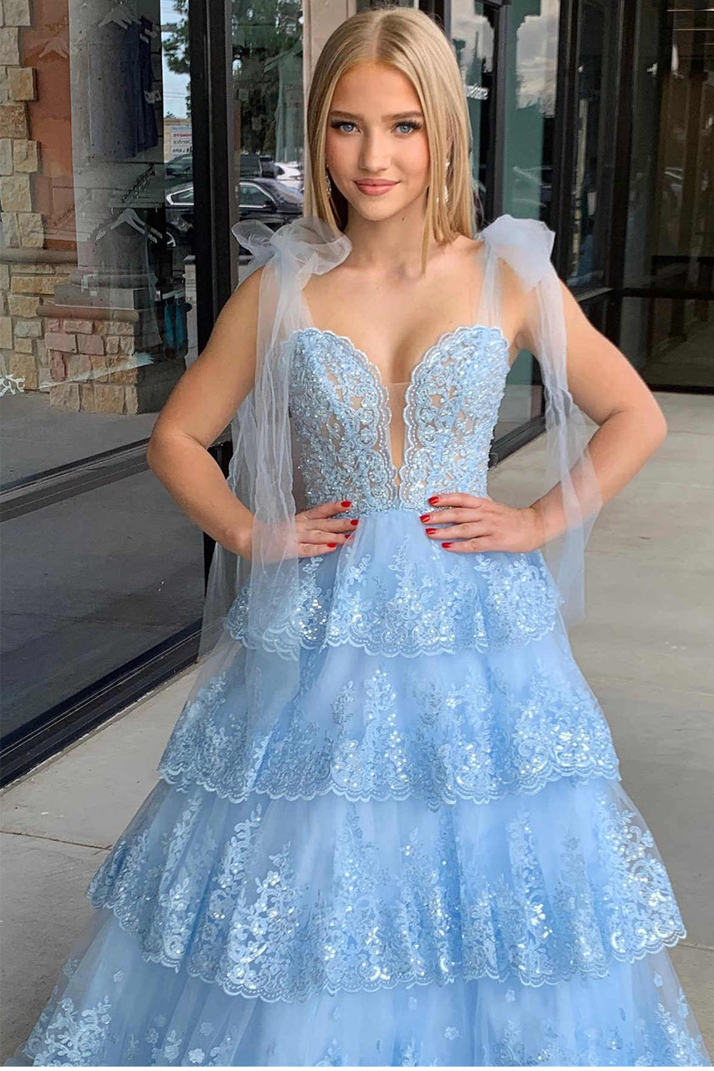 Blue Princess Corset Prom Dress with Tiered Spaghetti Straps and Appliques