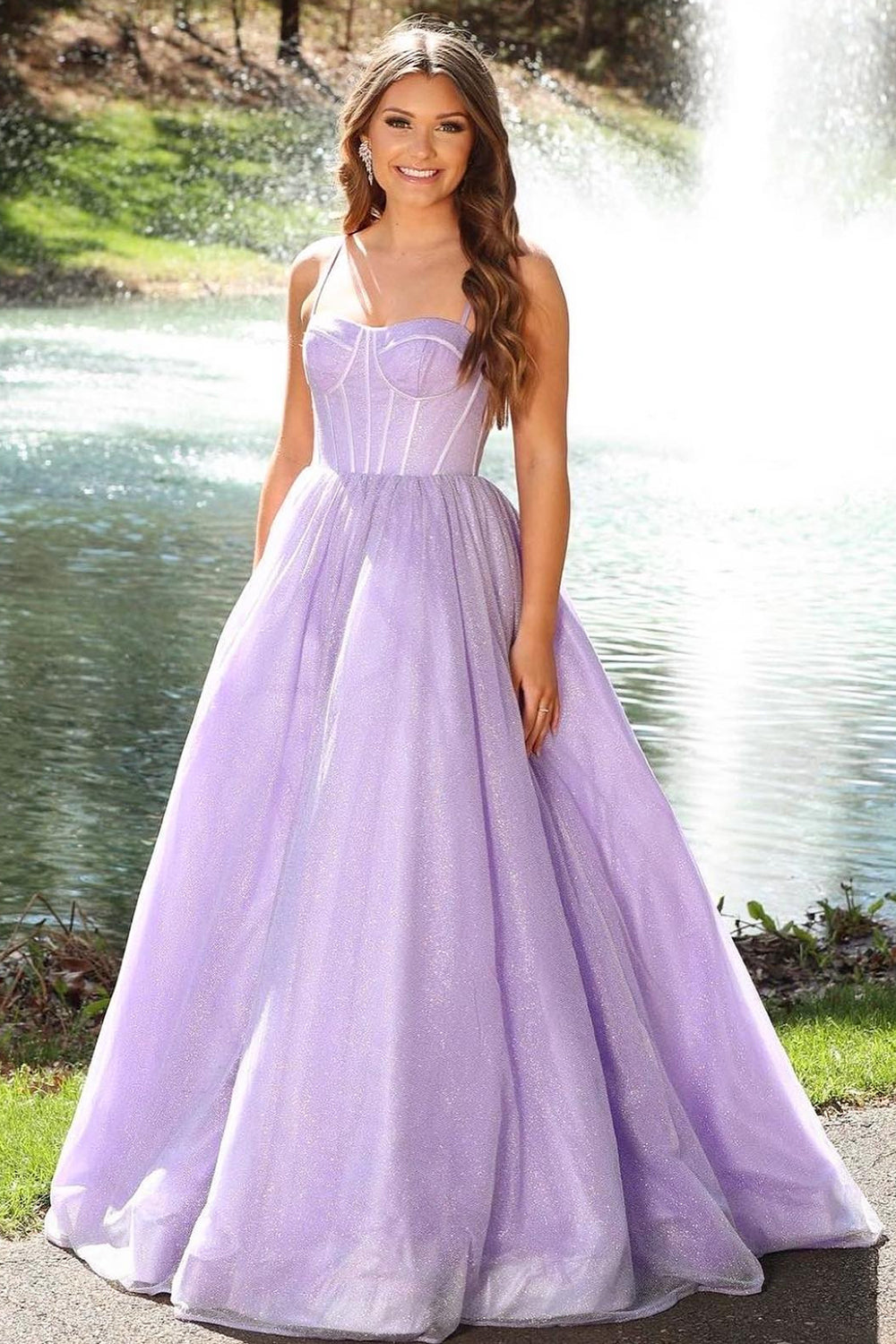 Long Light Purple Prom Dress with Spaghetti Straps in A-Line