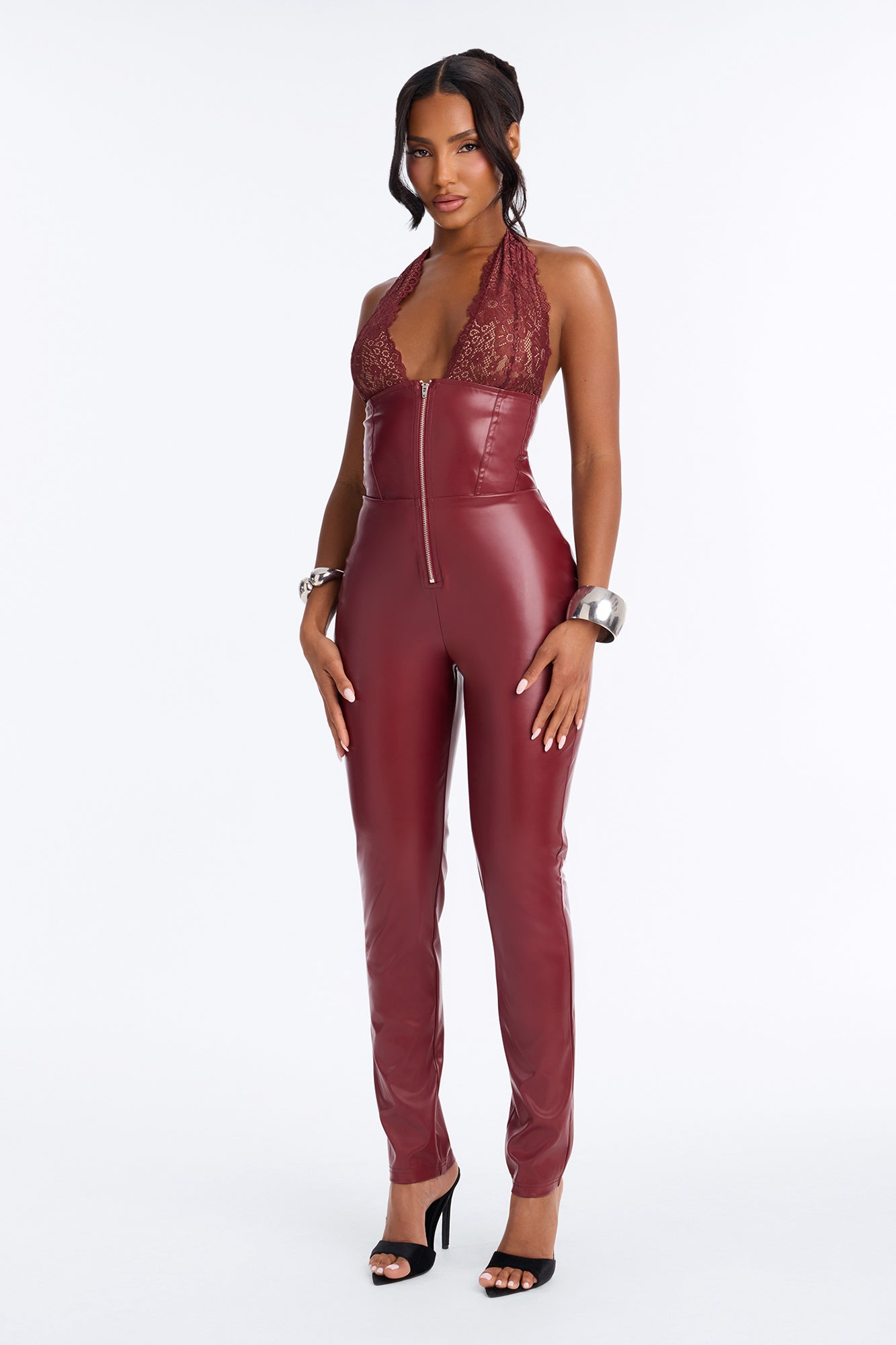 All You Need Faux Leather Jumpsuit - Burgundy