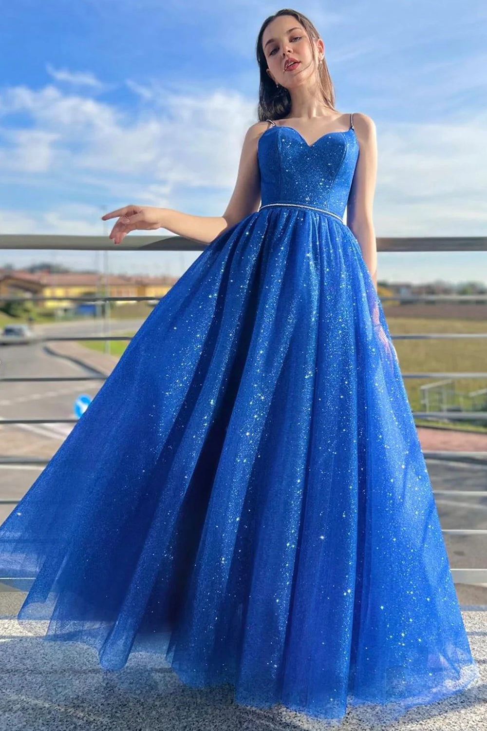 Royal Blue Long Prom Dress with Spaghetti Straps and Beading in an A-Line Cut