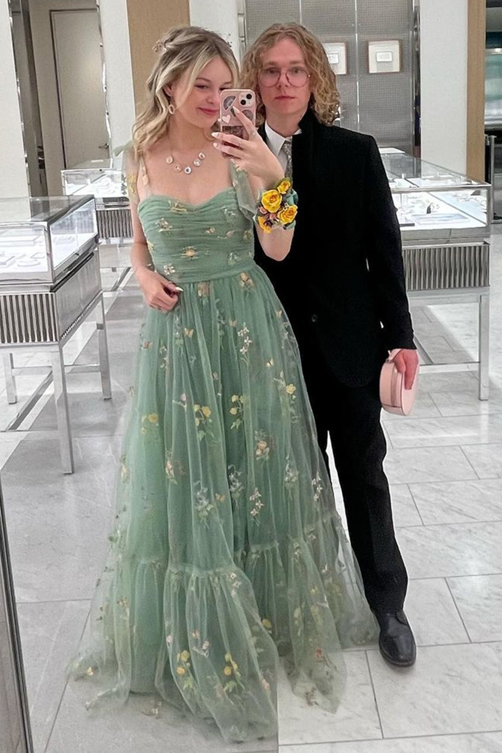 Long Green Prom Dress with Spaghetti Straps and A-Line Embroidery