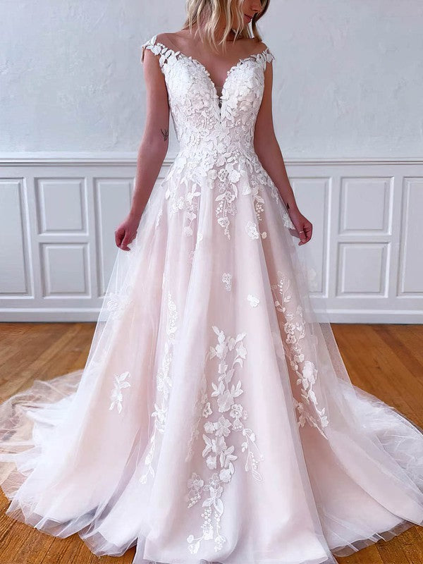 Trendy V-Neck Portrait Lace Tulle Ball Gown Wedding Dresses with Appliques