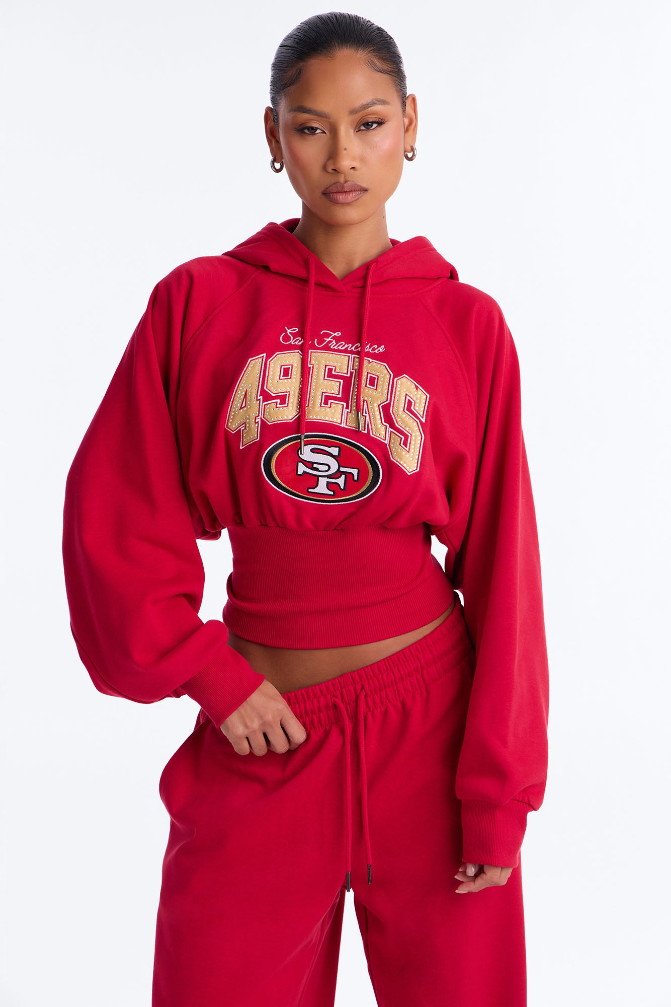 NFL 49er's Cinched Rhinestone Hoodie Sweatshirt - Red