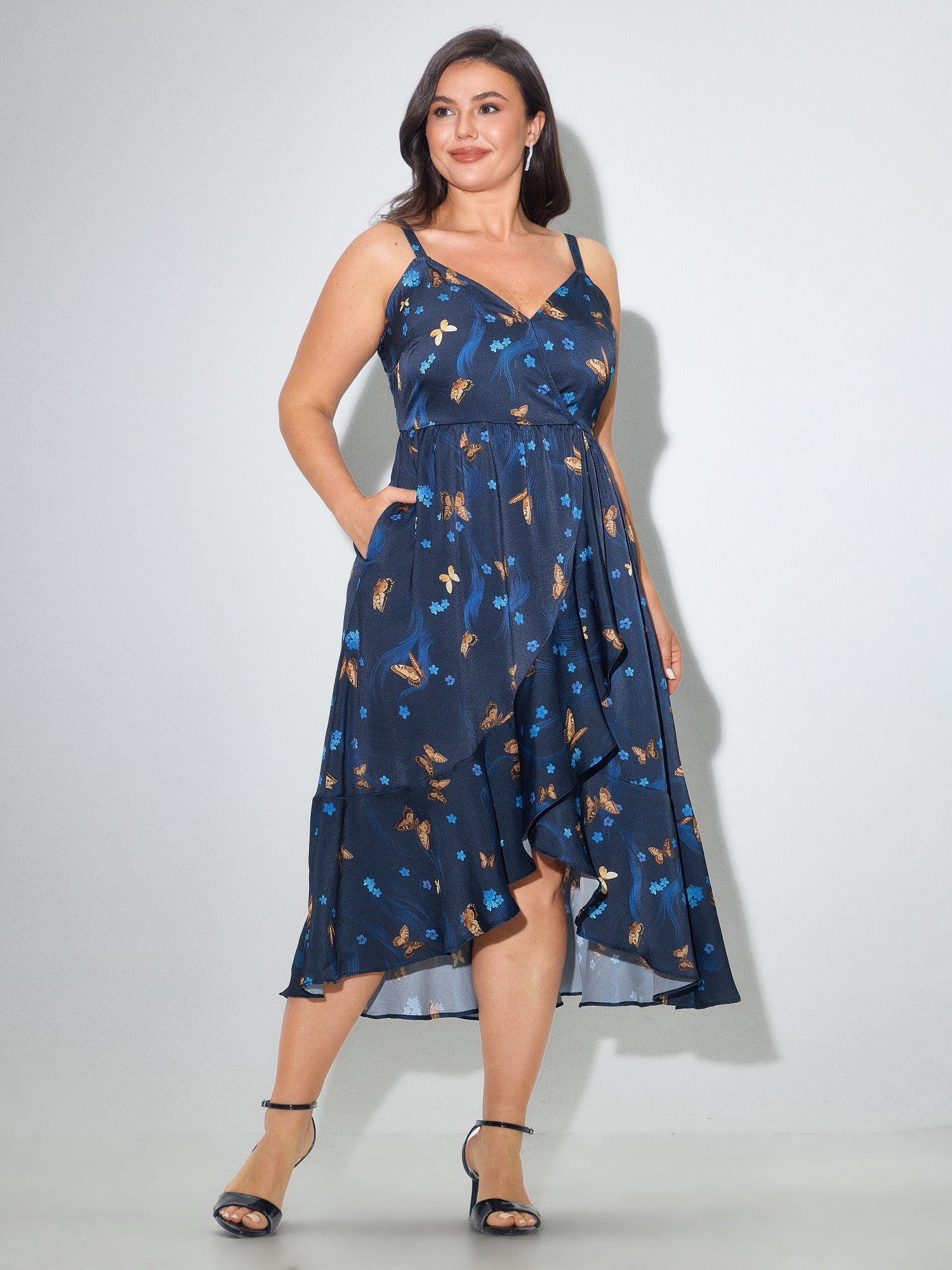Butterfly Print Ruffle High-Low Hem Midi Dress