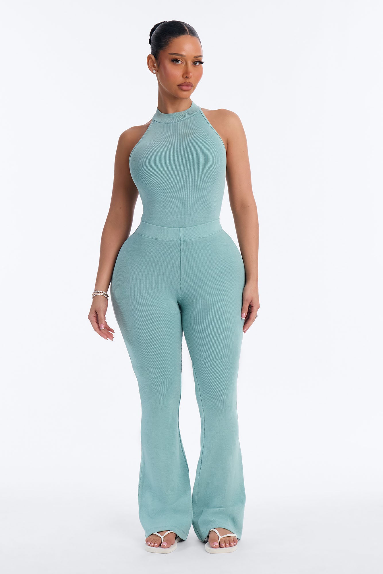 Tony Washed Ribbed Bodysuit Flare Pant Set - Washed Sage