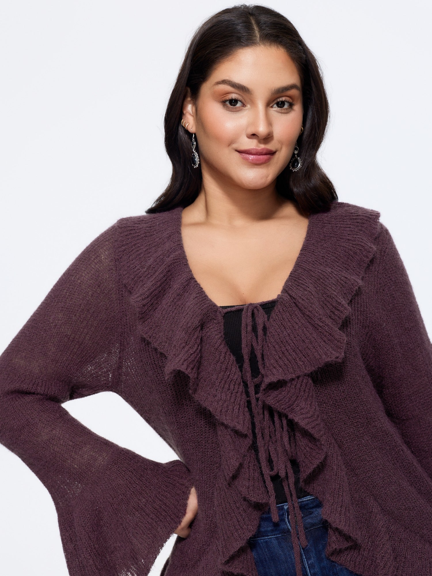 Ruffled Collar Tie‑Front Flare Sleeve Cardigan