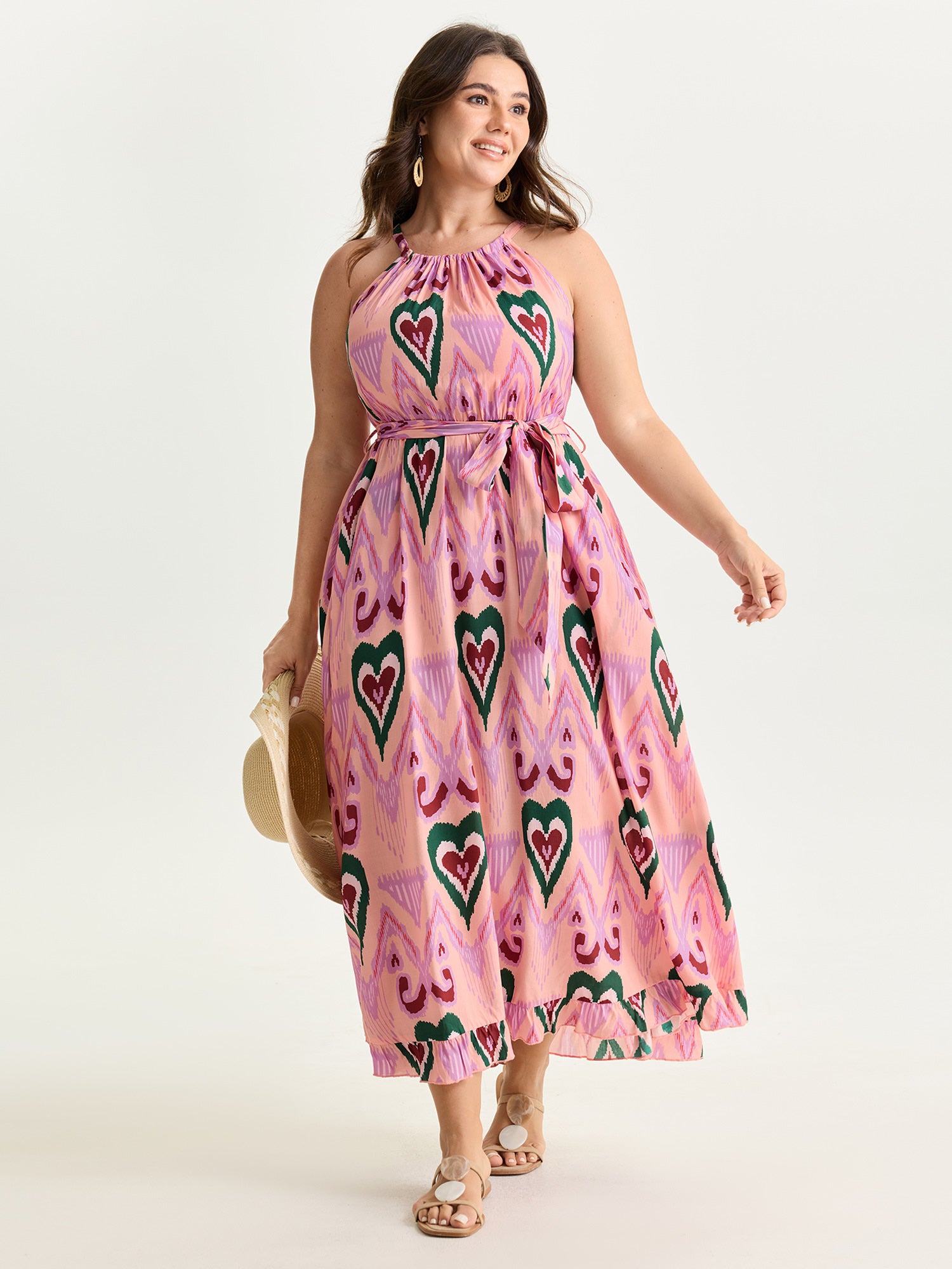 Heart Print Halter Neck Belted Maxi Dress