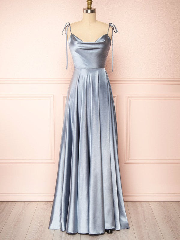 Deluxe A-Line Cowl Neck Sleeveless Satin Split Front Bridesmaid Dresses with Sweep Train