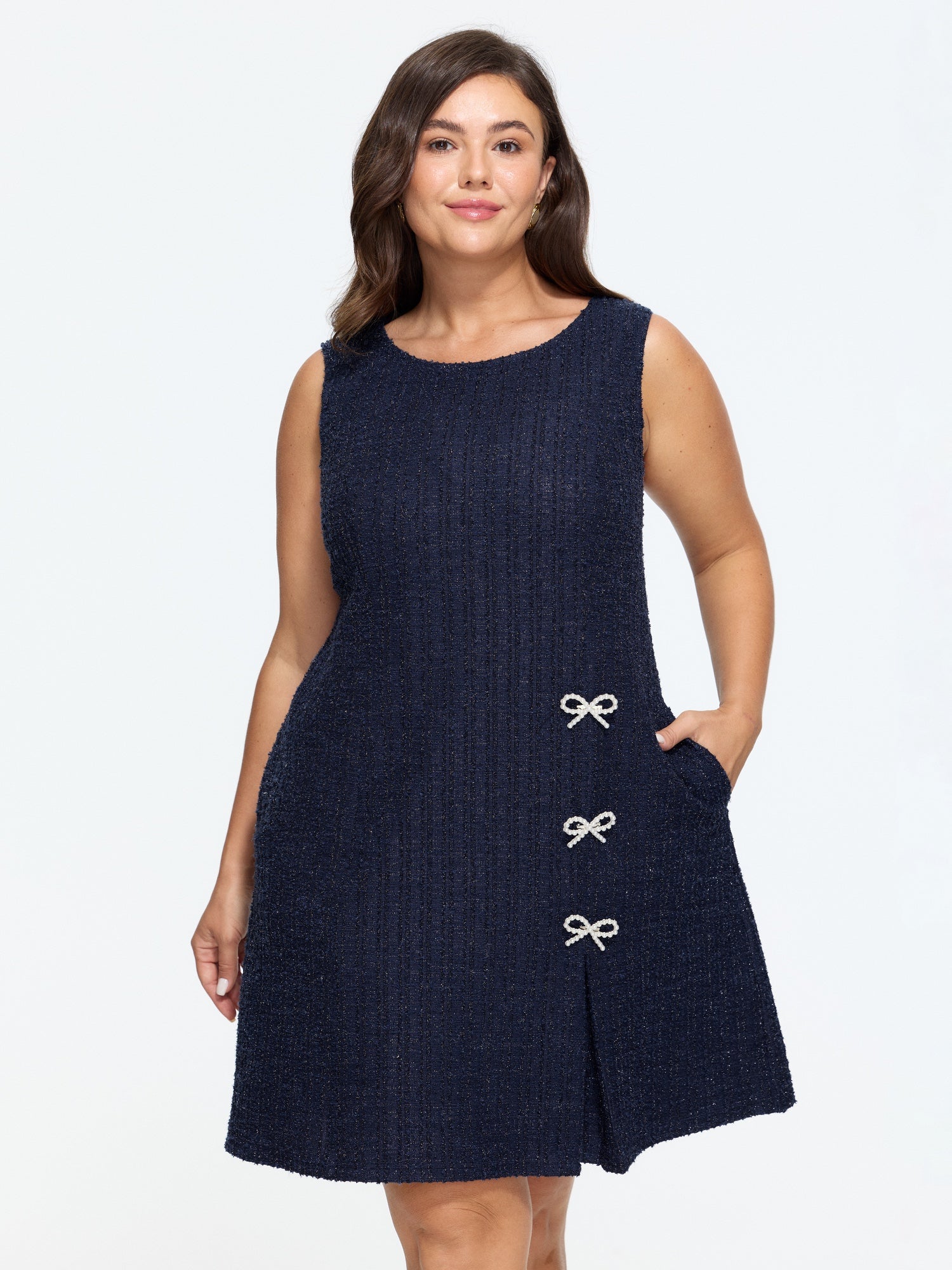 Tweed Pearl Bow Decor Sleeveless Mini Dress