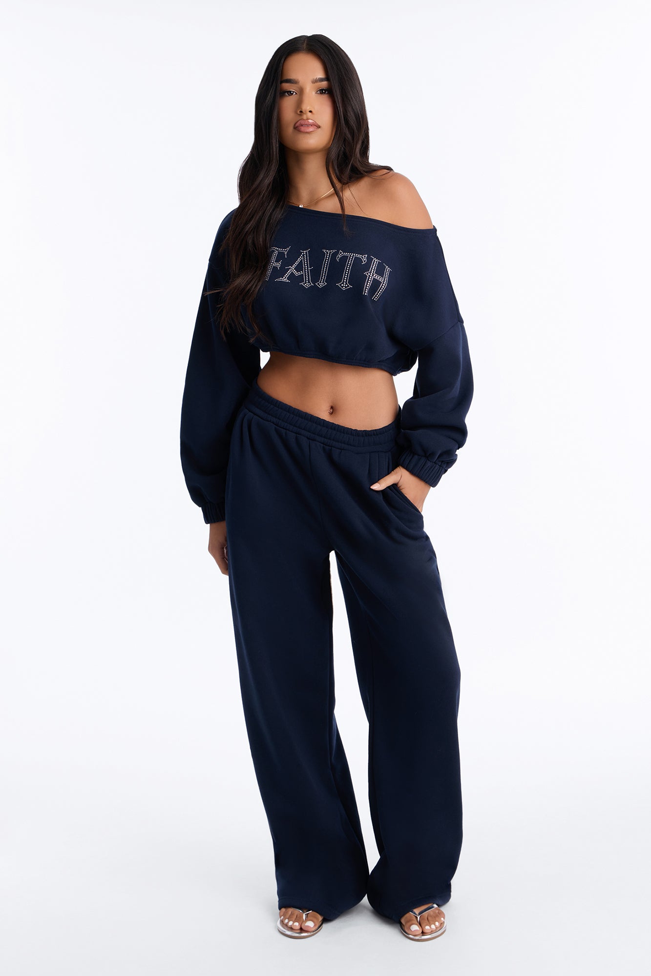 Faith And Believe Rhinestone Fleece Pant Set - Navy
