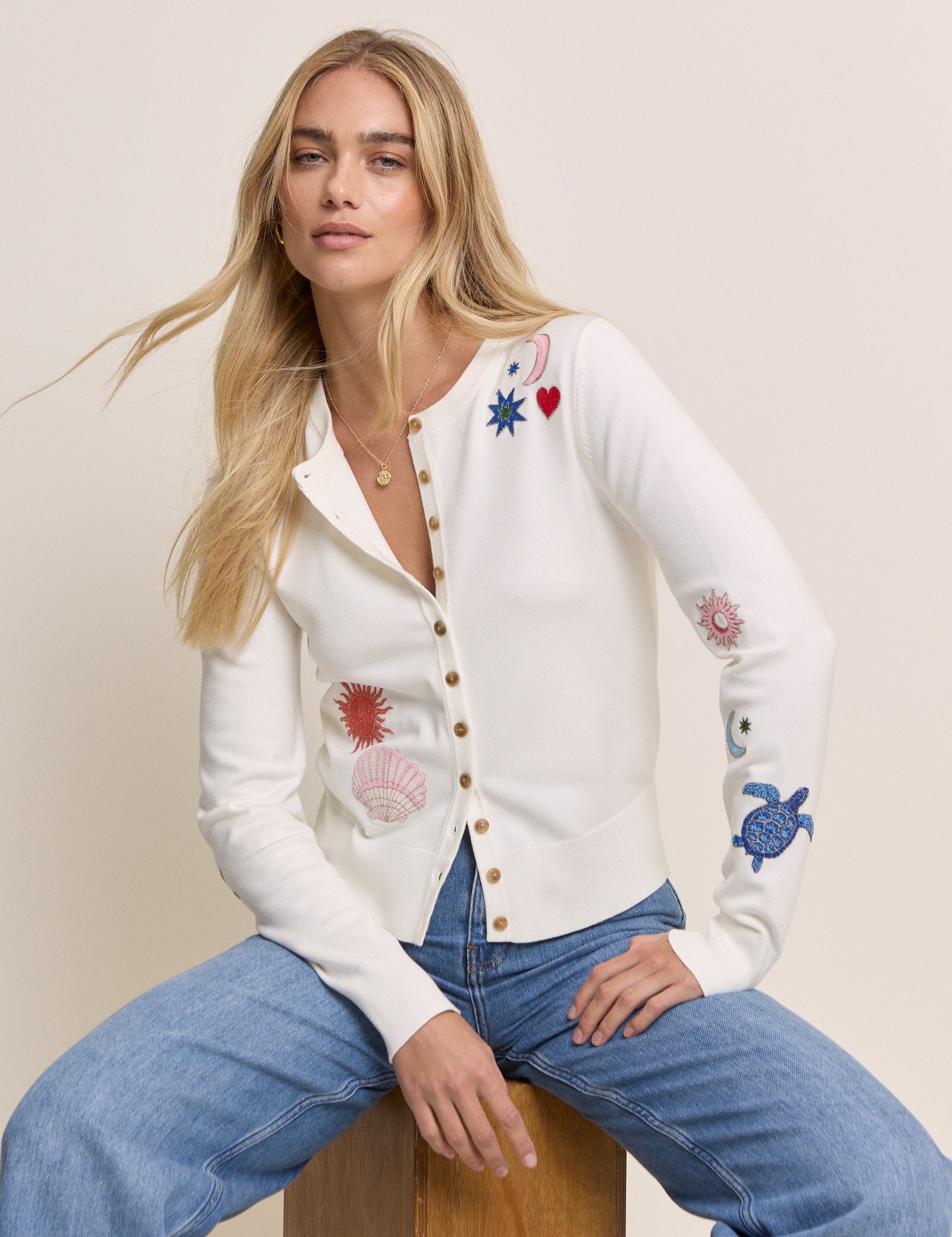 White Seascape Embroidered Cardigan