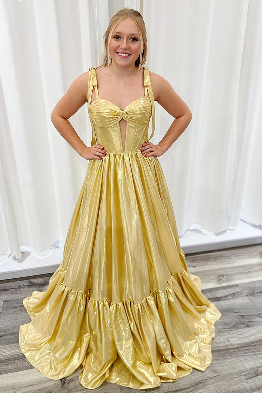 Metallic Long Corset Prom Dress with Gold Spaghetti Straps in A-Line Style