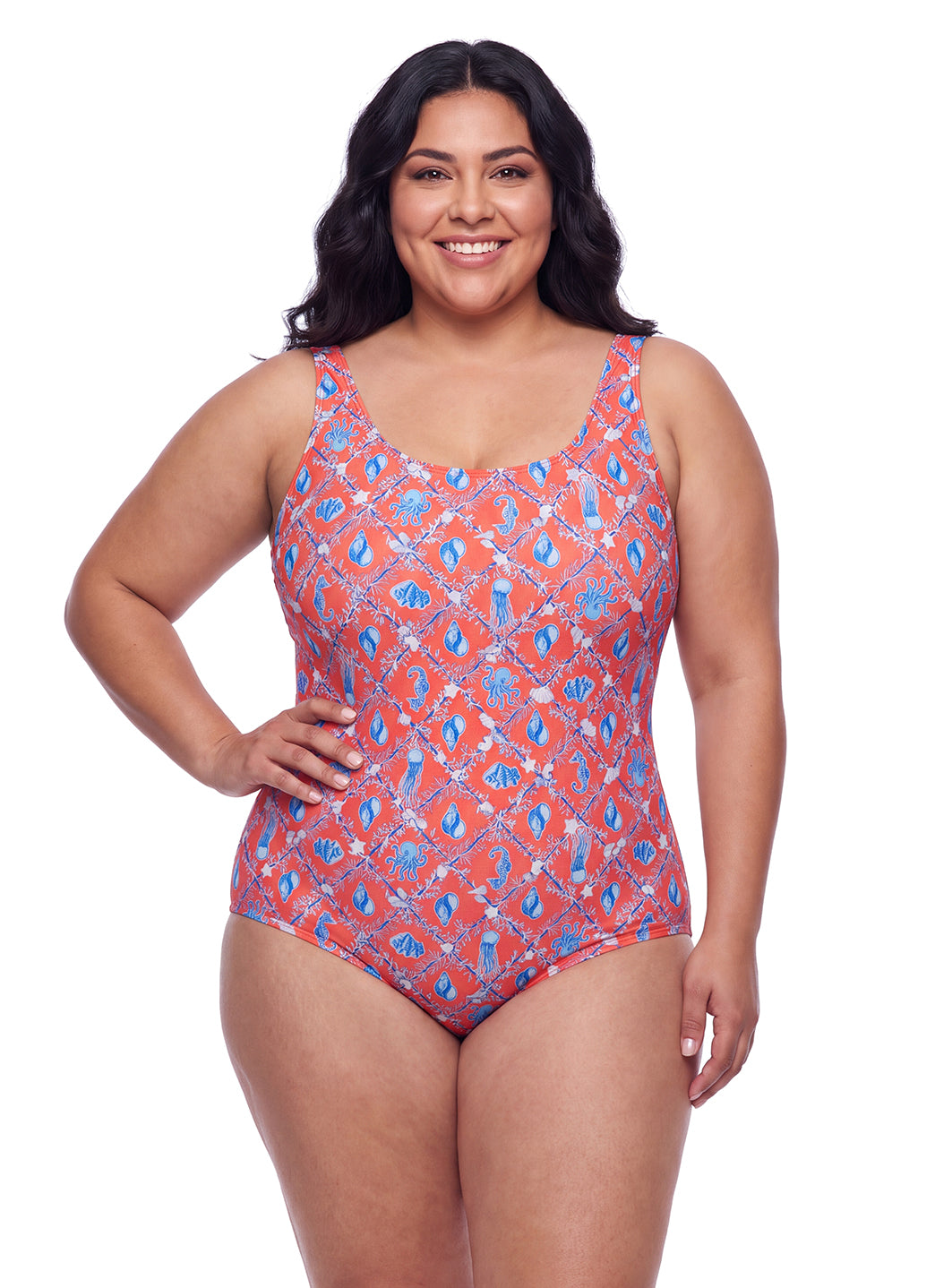 Sporti Plus Size HydroLast Coastal Regatta Chlorine Resistant Conservative Scoop Back One Piece Swimsuit