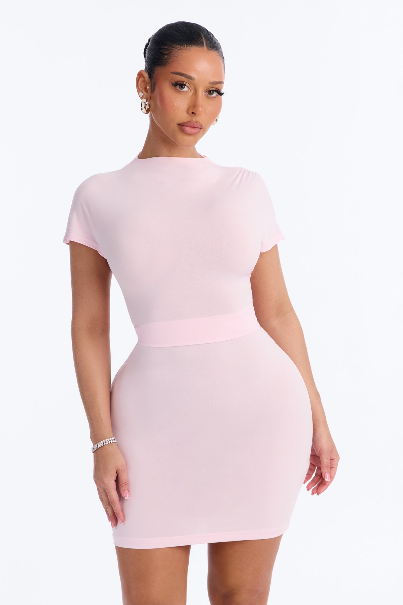 Alba Short Sleeve Ruched Mini Dress - Pink