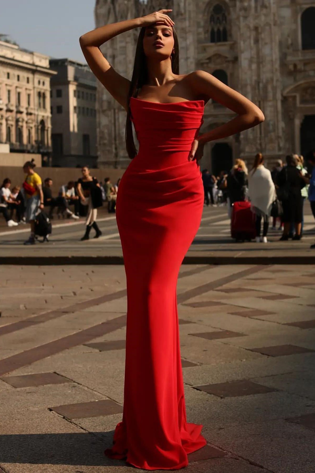 Elegant Red Dress Strapless Sleeveless Evening Dress