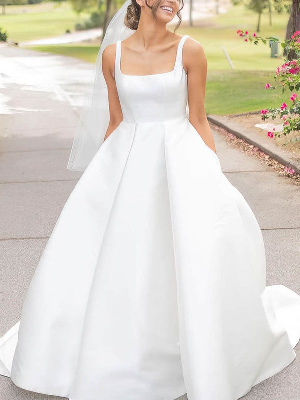 Stylish Square Neck Sleeveless Ball Gown Satin Sweep Train Wedding Dresses with Pockets