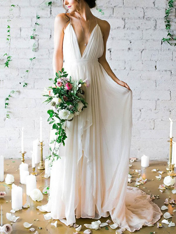 Charming A-Line V-Neck Backless Tulle Wedding Dresses with Court Train