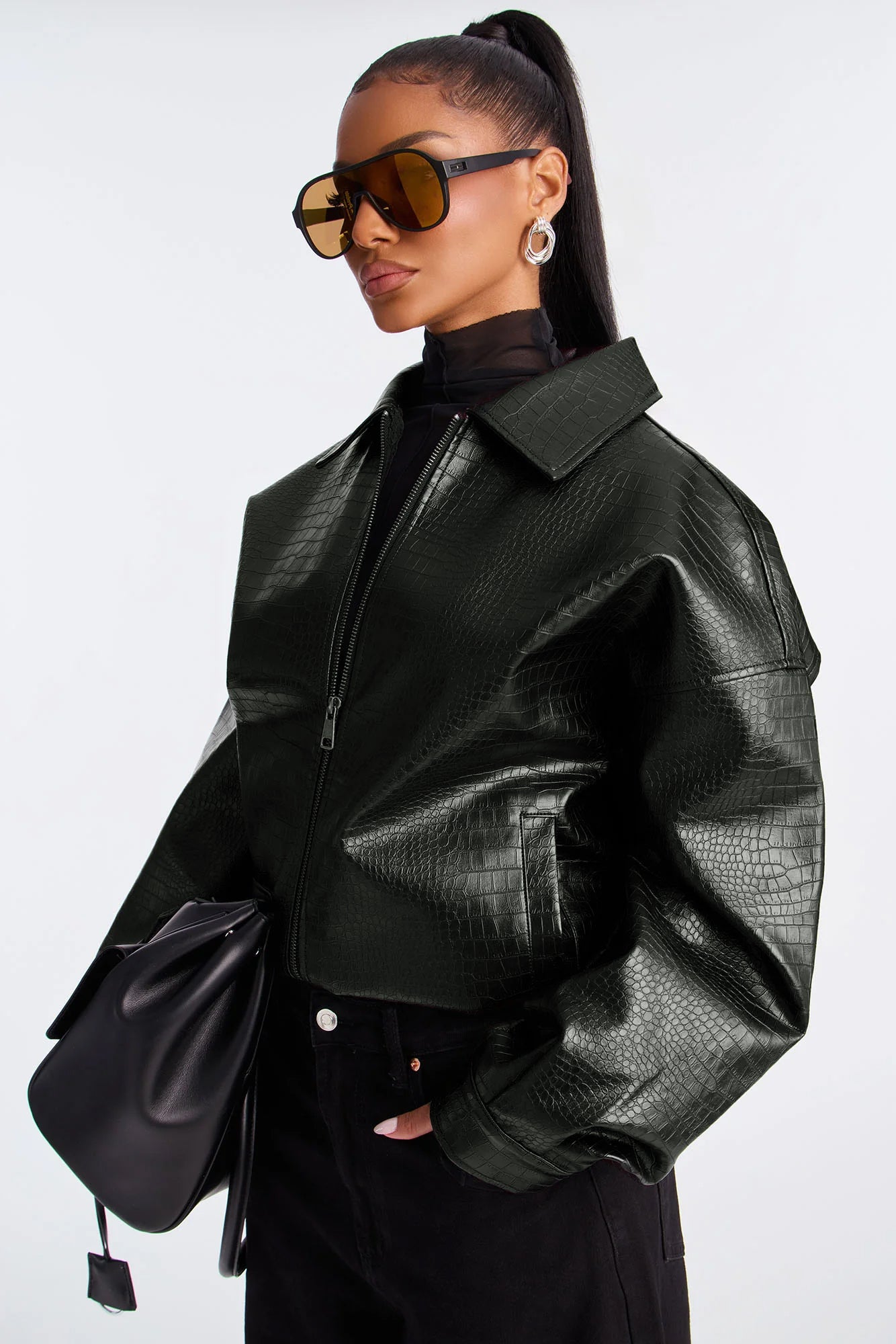 Lola Croc Faux Leather Bomber Jacket - Hunter