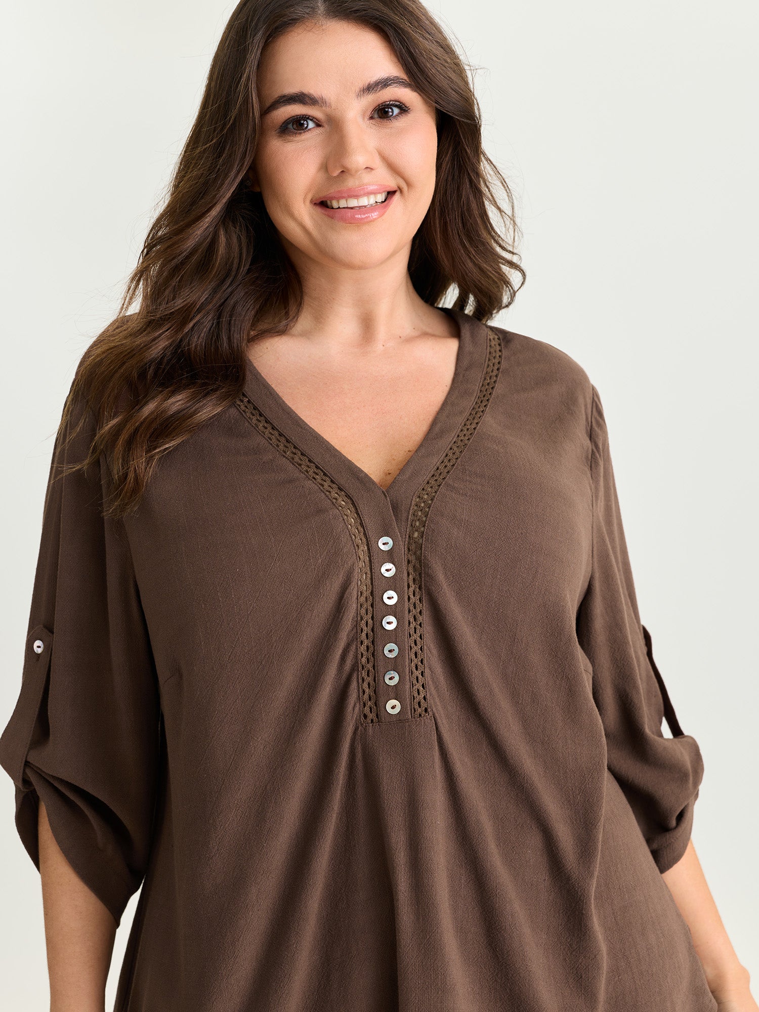 Lace Trim Neckline Tab Sleeve Blouse