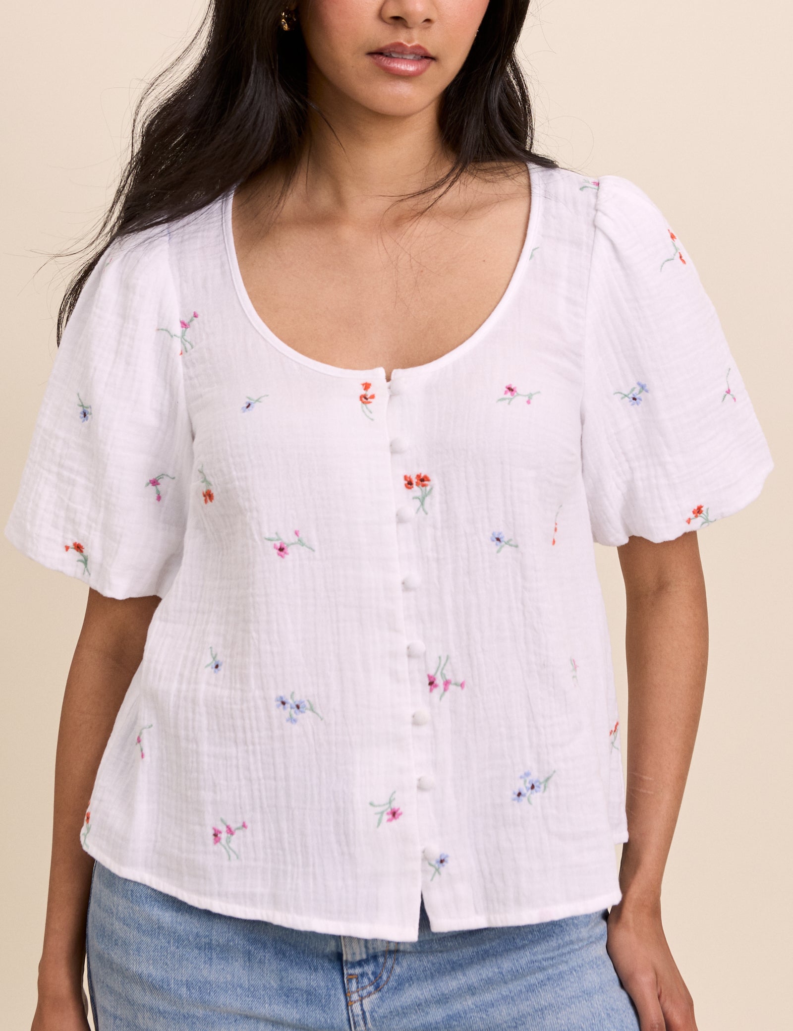 White Embroidered Scoop Neck Edris Blouse