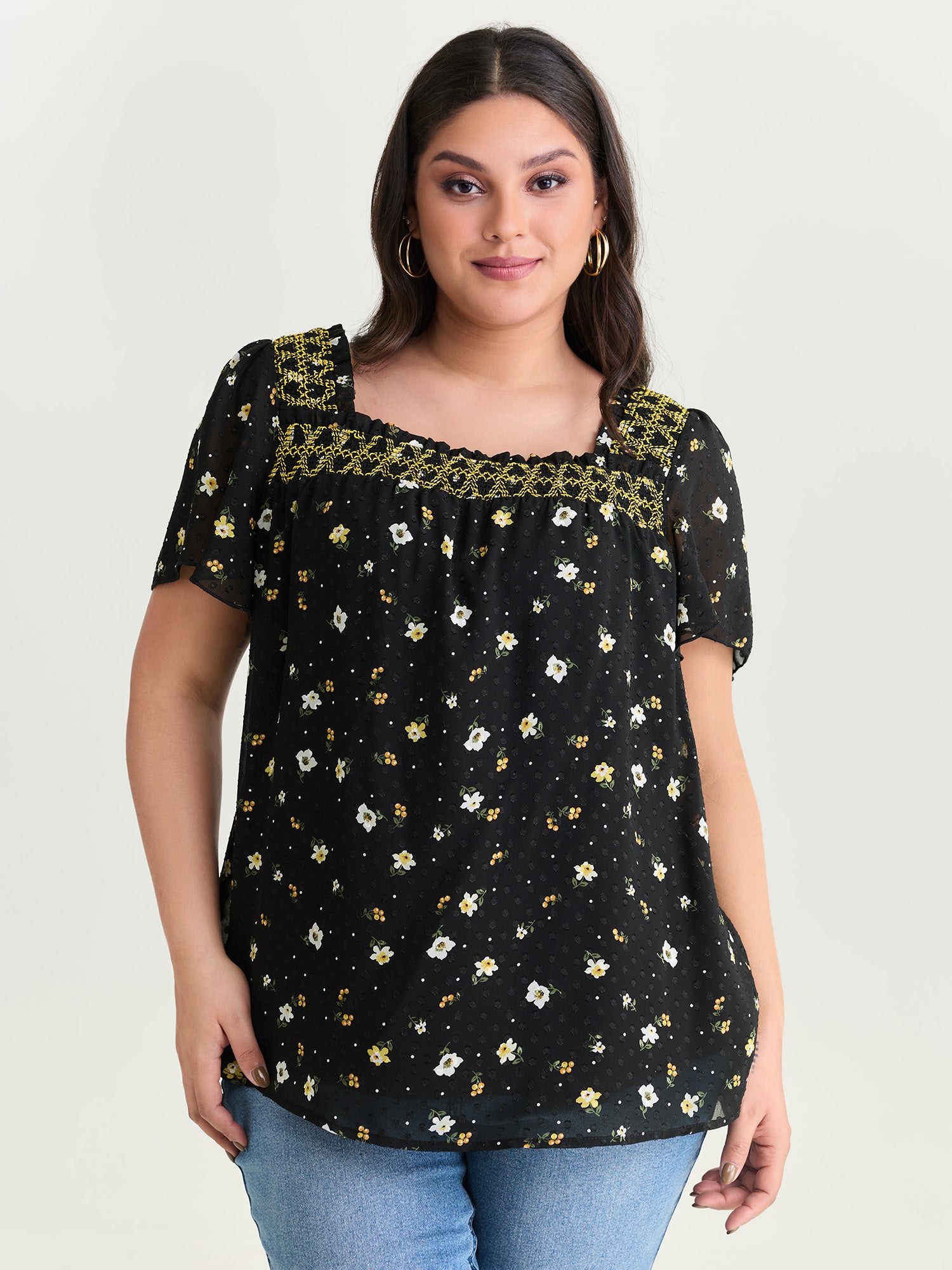 Laser Cut Floral Print Square Neckline Blouse