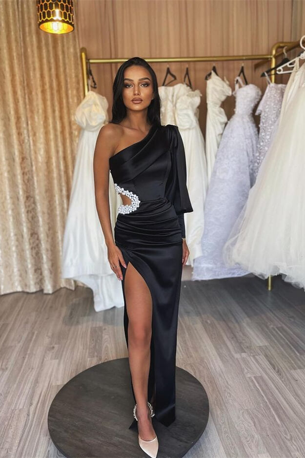 Black One Shoulder Long Sleeve Slit Mermaid Evening Dress With Pearls