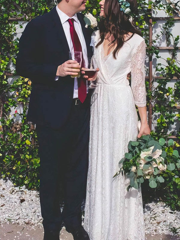Elegant 3/4 Long Sleeves A-Line V-Neck Lace Floor-Length Wedding Dresses