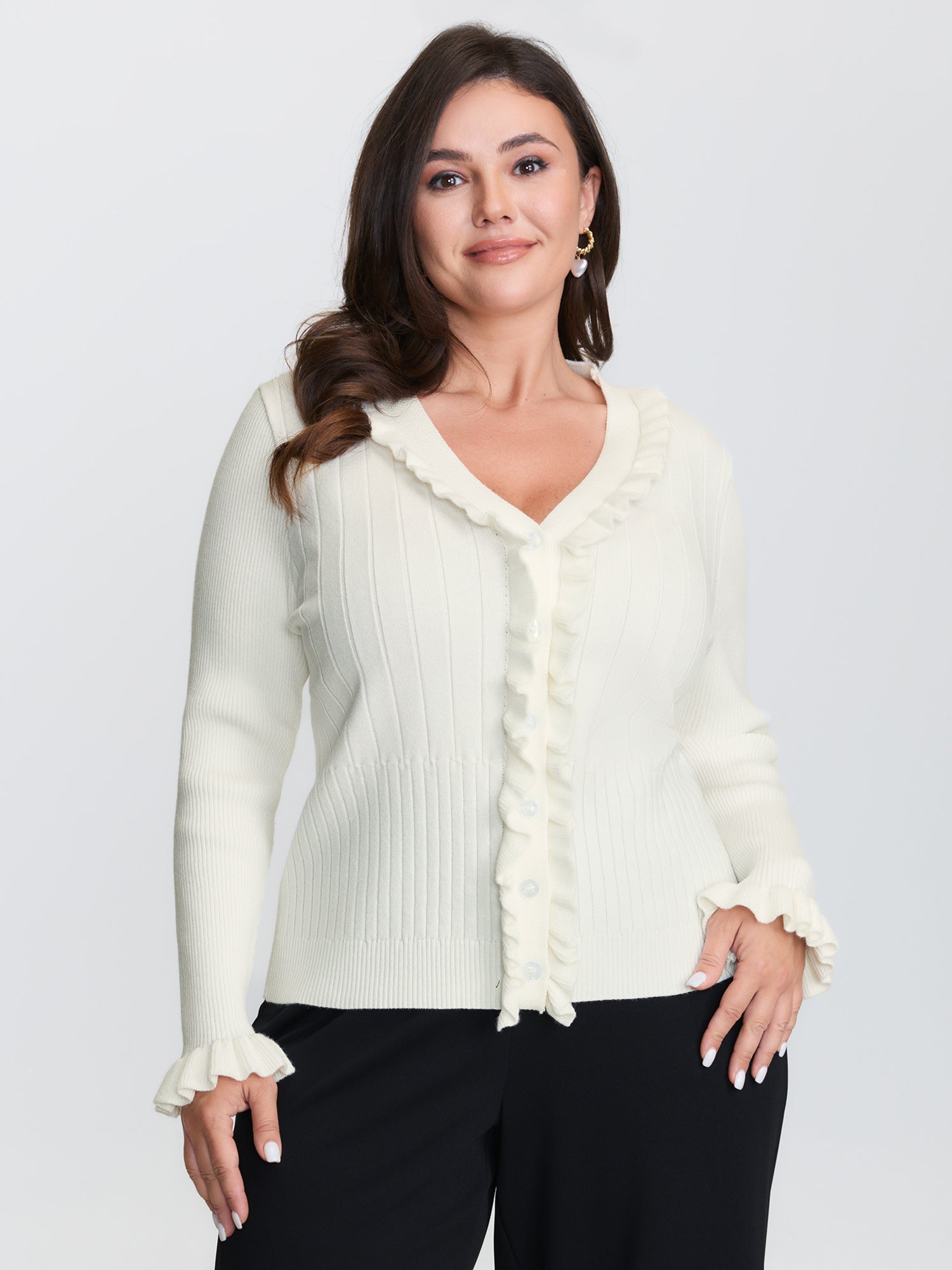Ruffled Placket Striped Texture Knit Cardigan