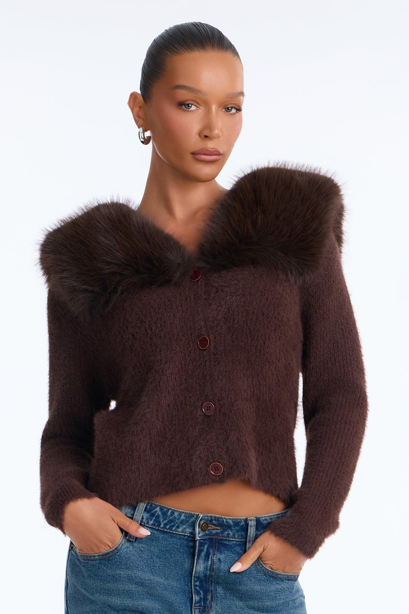 Clara Fur Collar Button Up Cardigan - Chocolate