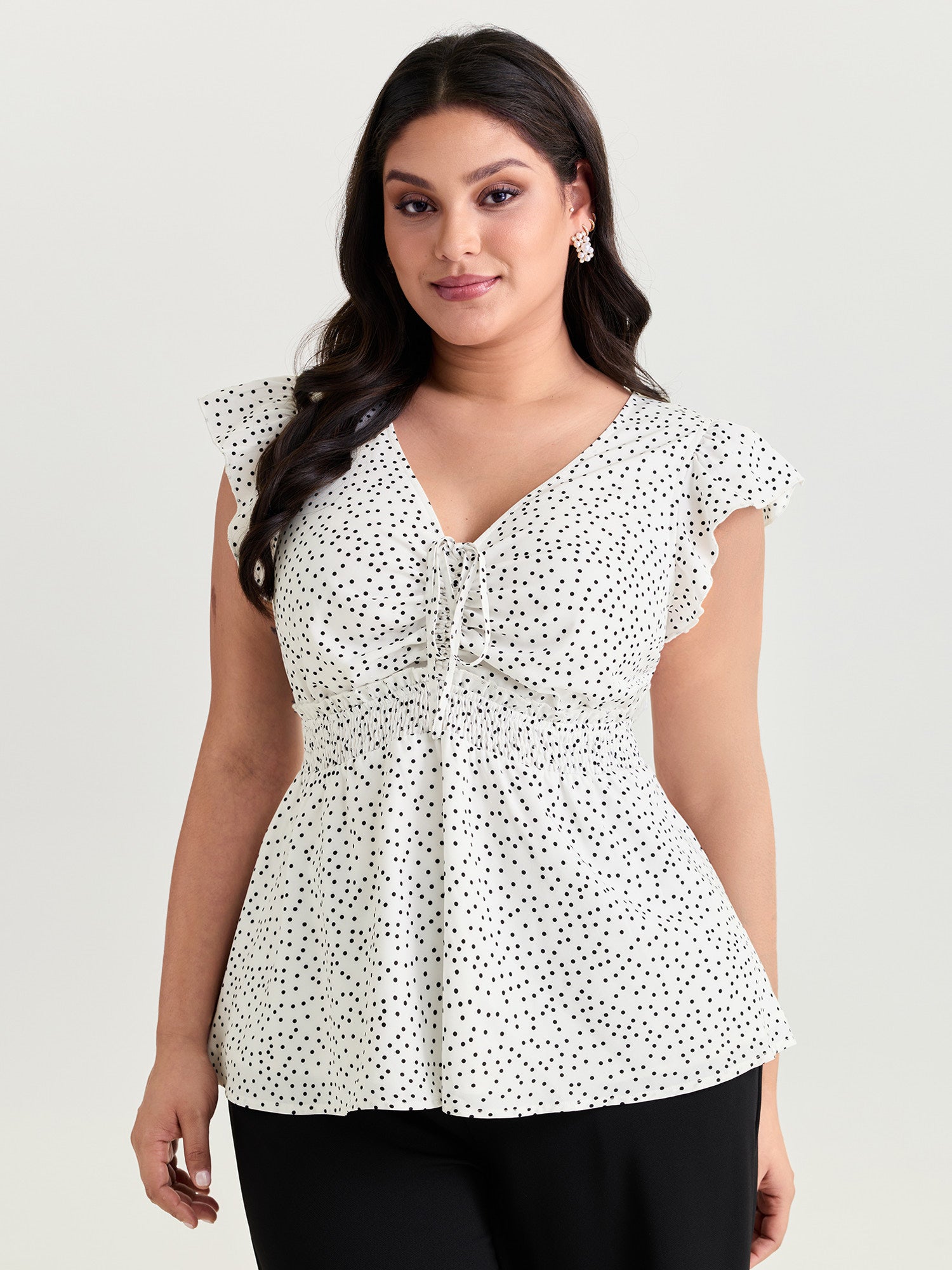 Polka Dots Shirred Ruffled Sleeve Blouse