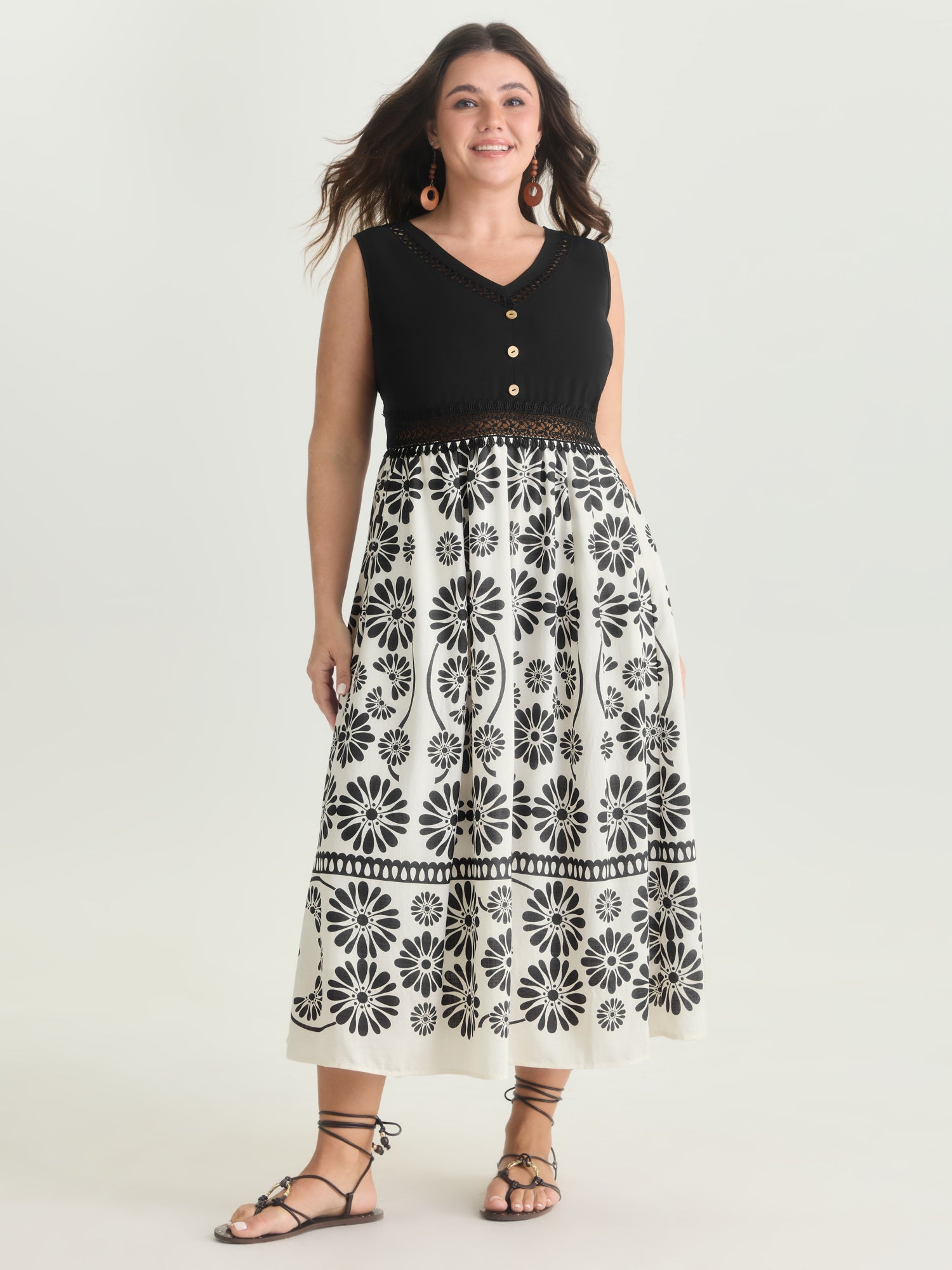 Floral Sheer Lace Trim Contrast Midi Dress