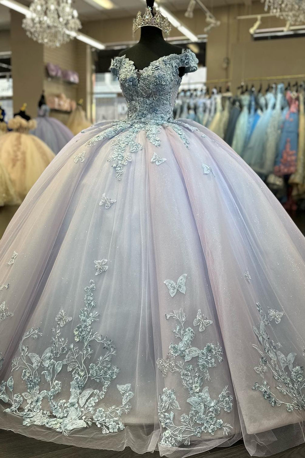 Princess Quinceanera Dress in Blue Lilac with Off-Shoulder Applique and Tulle