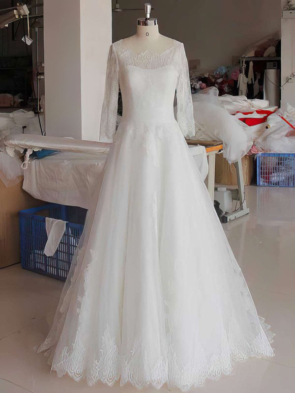 Glamorous Scoop Long Sleeves Lace Ball Gown Wedding Dresses with Sweep Train