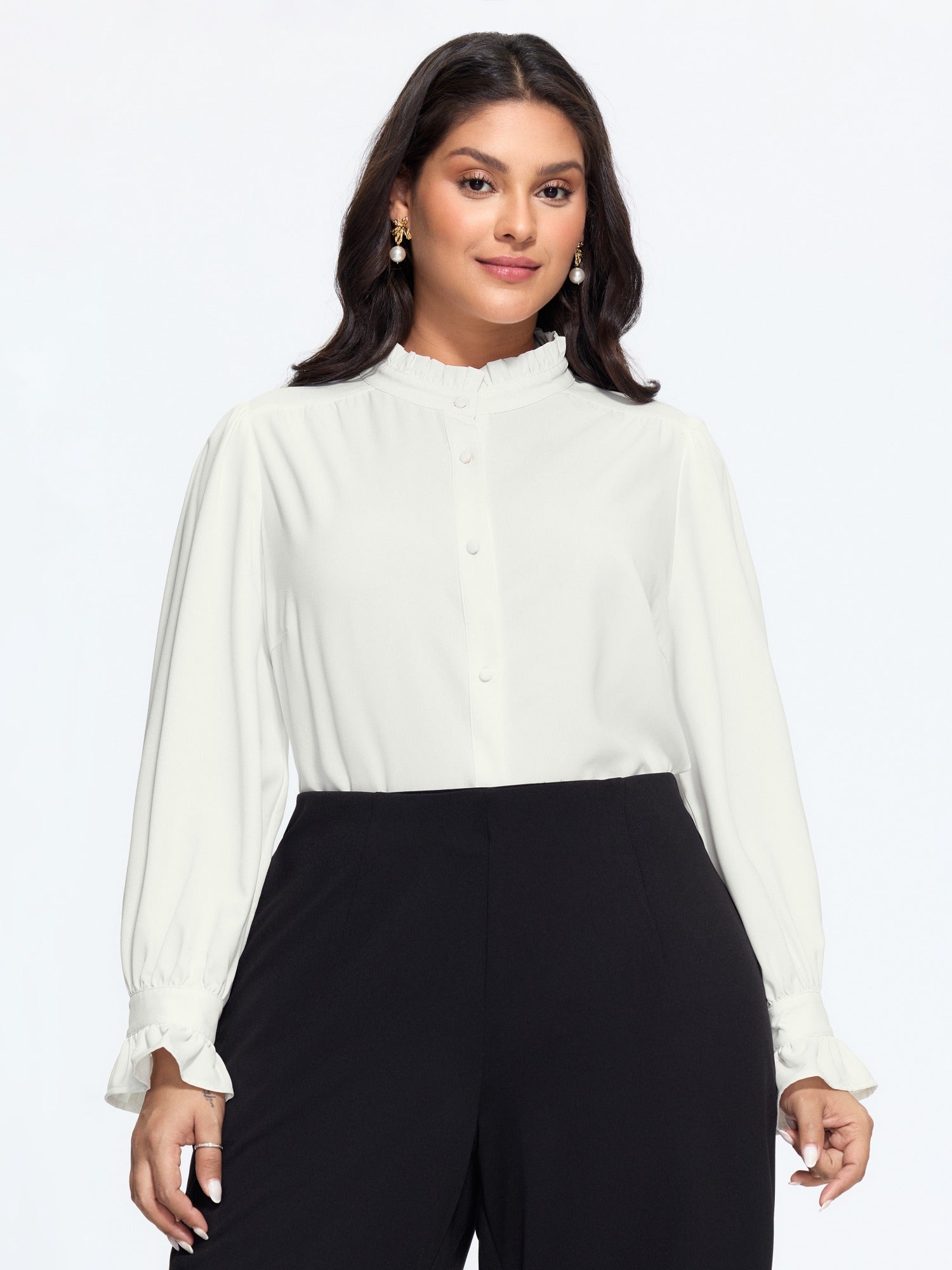 Solid Ruffled Mock Neck Blouse