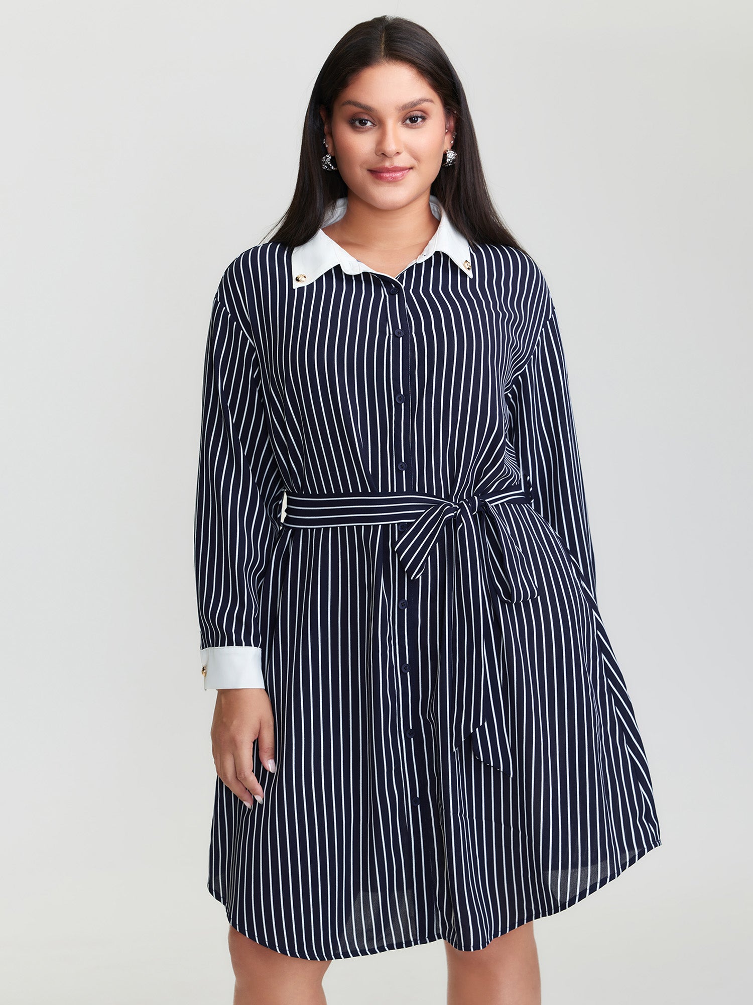 Stripe Print Belted Metal Detail Midi Dress
