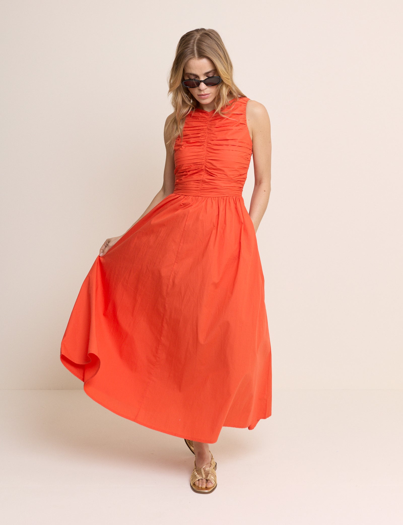 Orange Ruched Monica Midi Dress