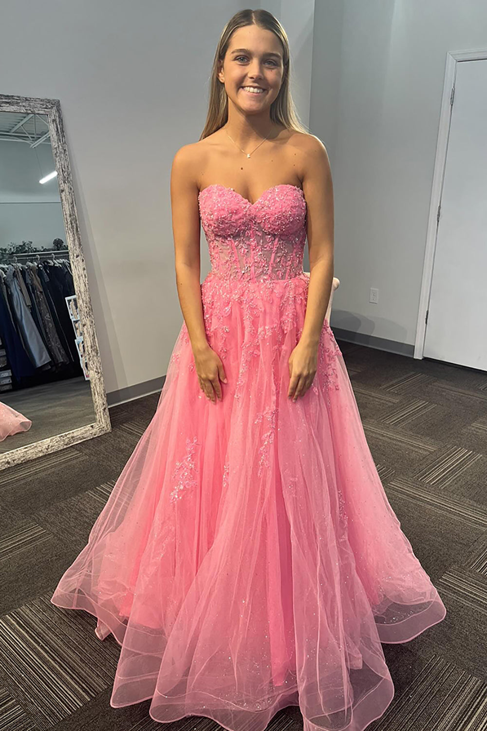 Long Corset Prom Dress with Pink Sweetheart Princess Applique